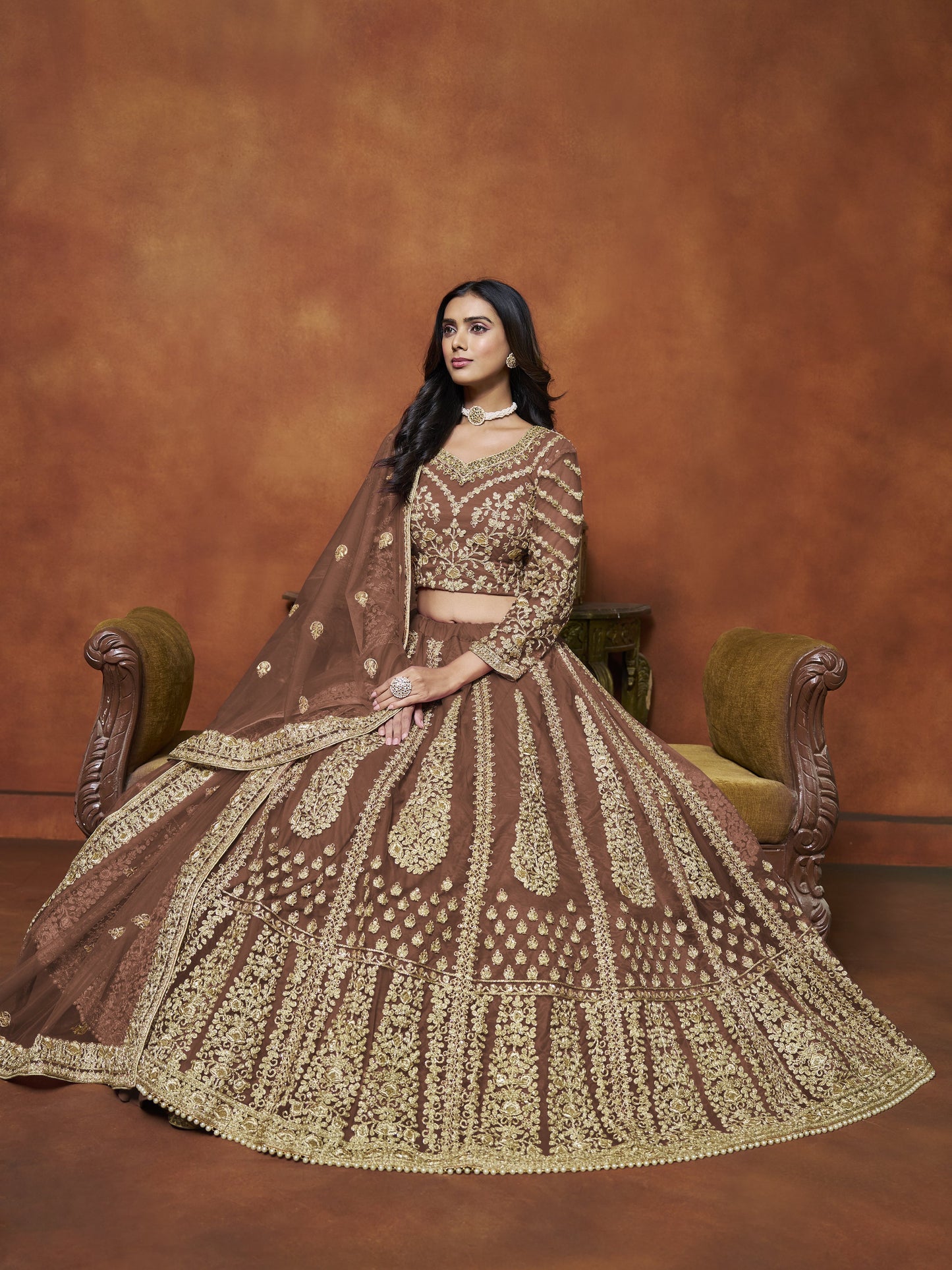 Brown Lehenga for Diwali â€“ Bright and bold, perfect for lighting up the night. 