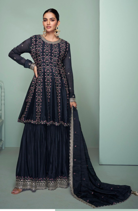 Dark blue sharara with embroidered kurti and dupatta