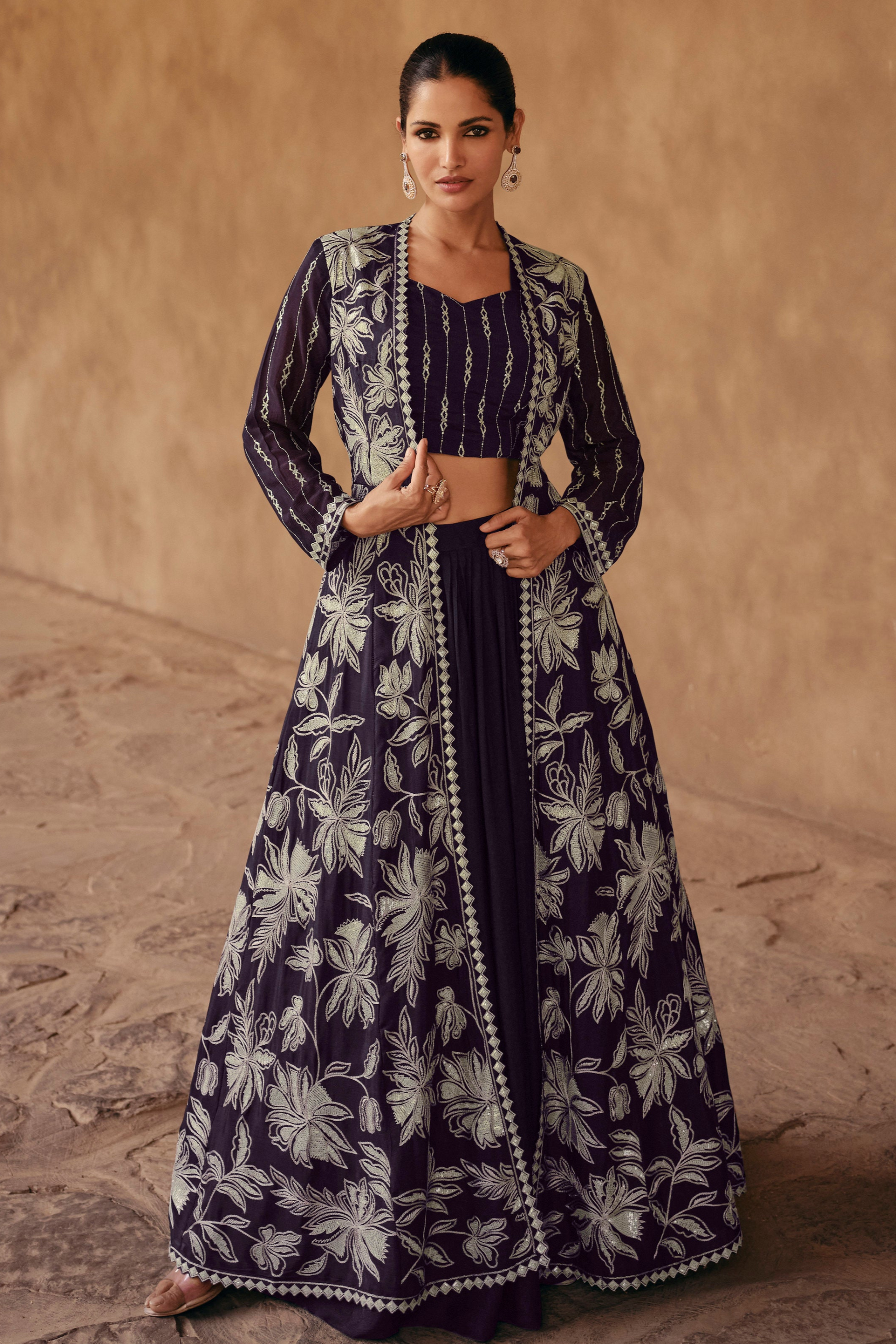 New Style Wine Chinon Silk  Anarkali Gown Suits For Special Wedding Wear