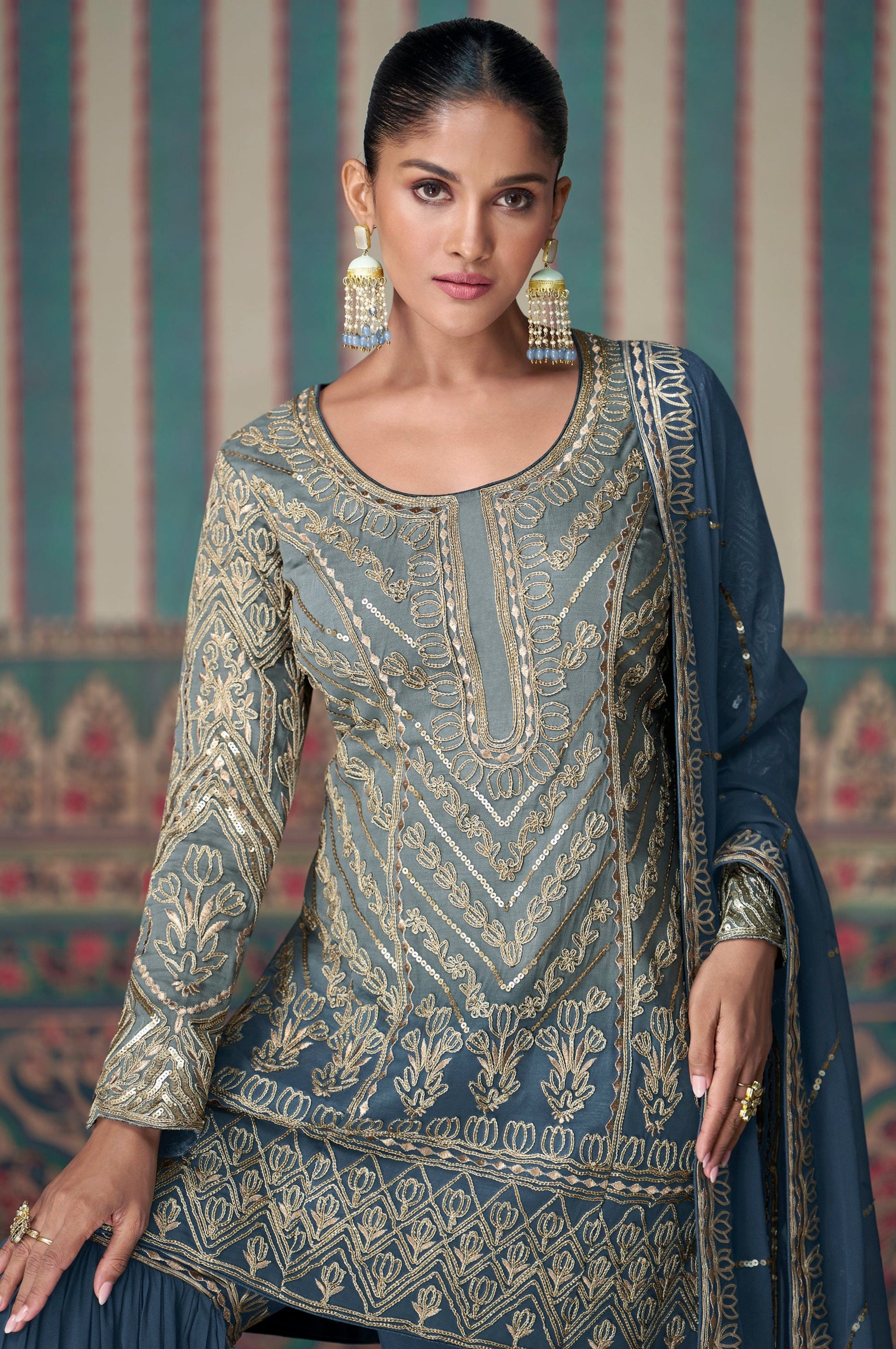 Elegant Blue Luxury Sharara Dress Traditional Indian Party Wear Heavy Embroidery Outfit USA Canada Shipping