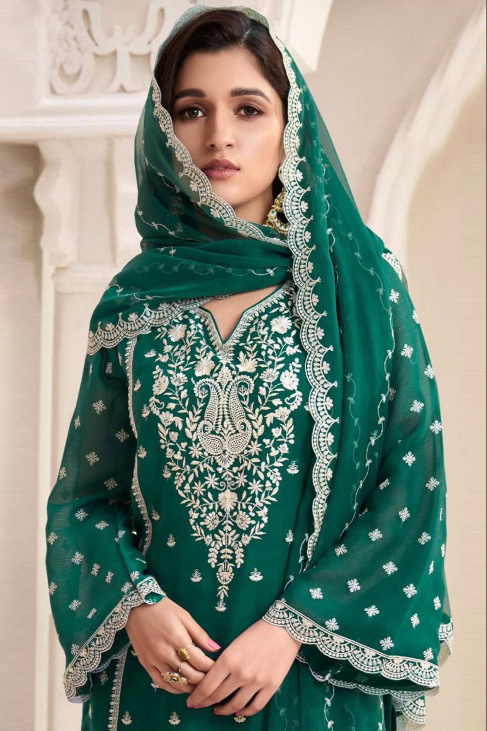 Close-up of embroidery work on kameez fabric