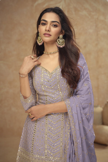 Embroidered Chinon Palazzo Suit - Pakistani Wedding Dress For Women - Sangeet Party Wear UK