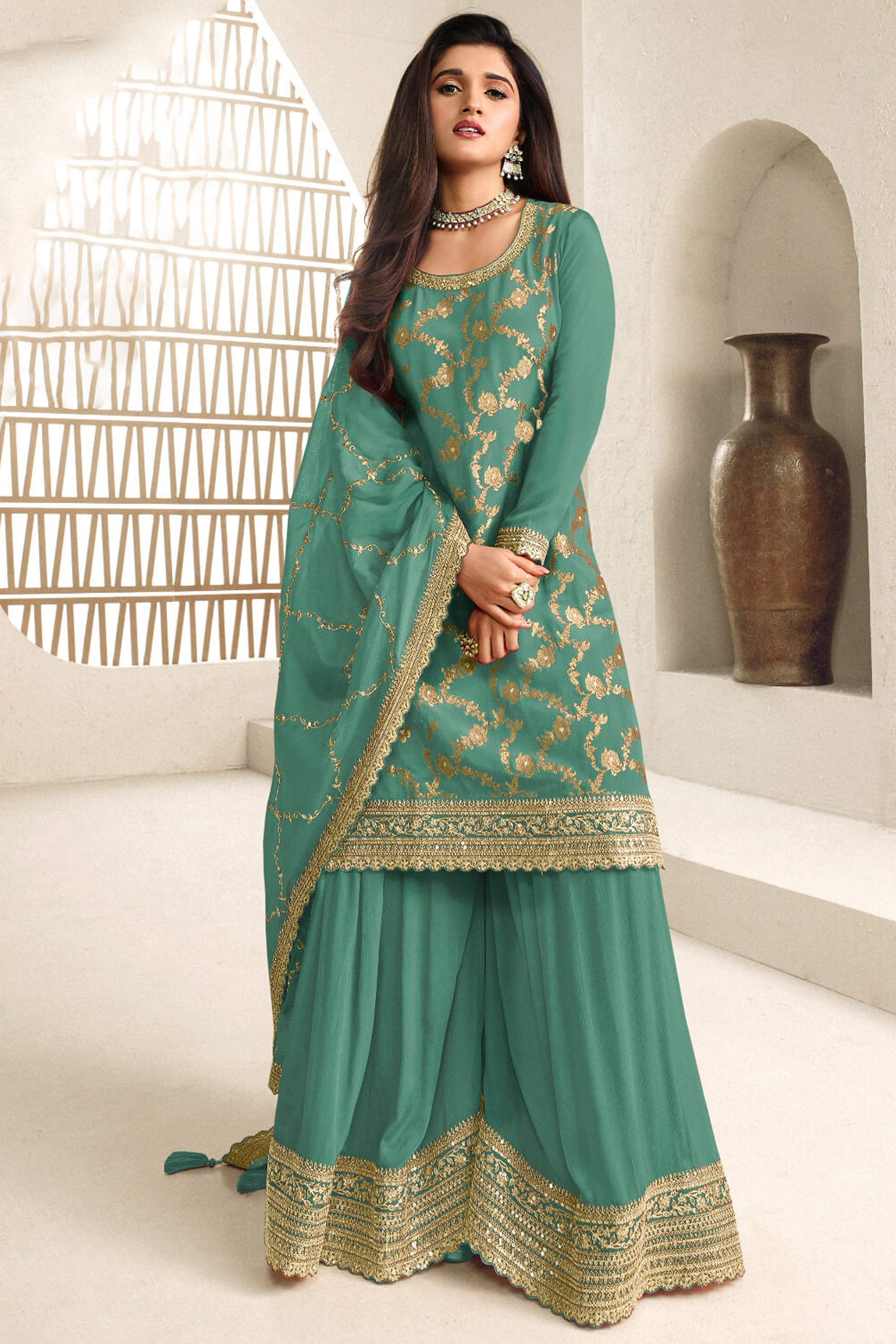 Teal Green Pakistani Nikah Palazzo Suit With Heavy Embroidery Work - Palazzo Suits
