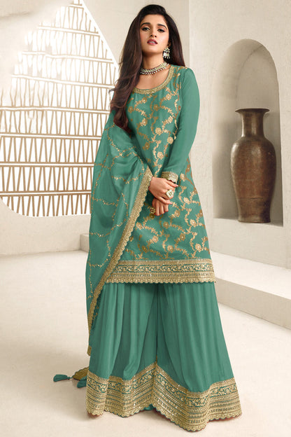 Teal Green Pakistani Nikah Palazzo Suit With Heavy Embroidery Work - Palazzo Suits