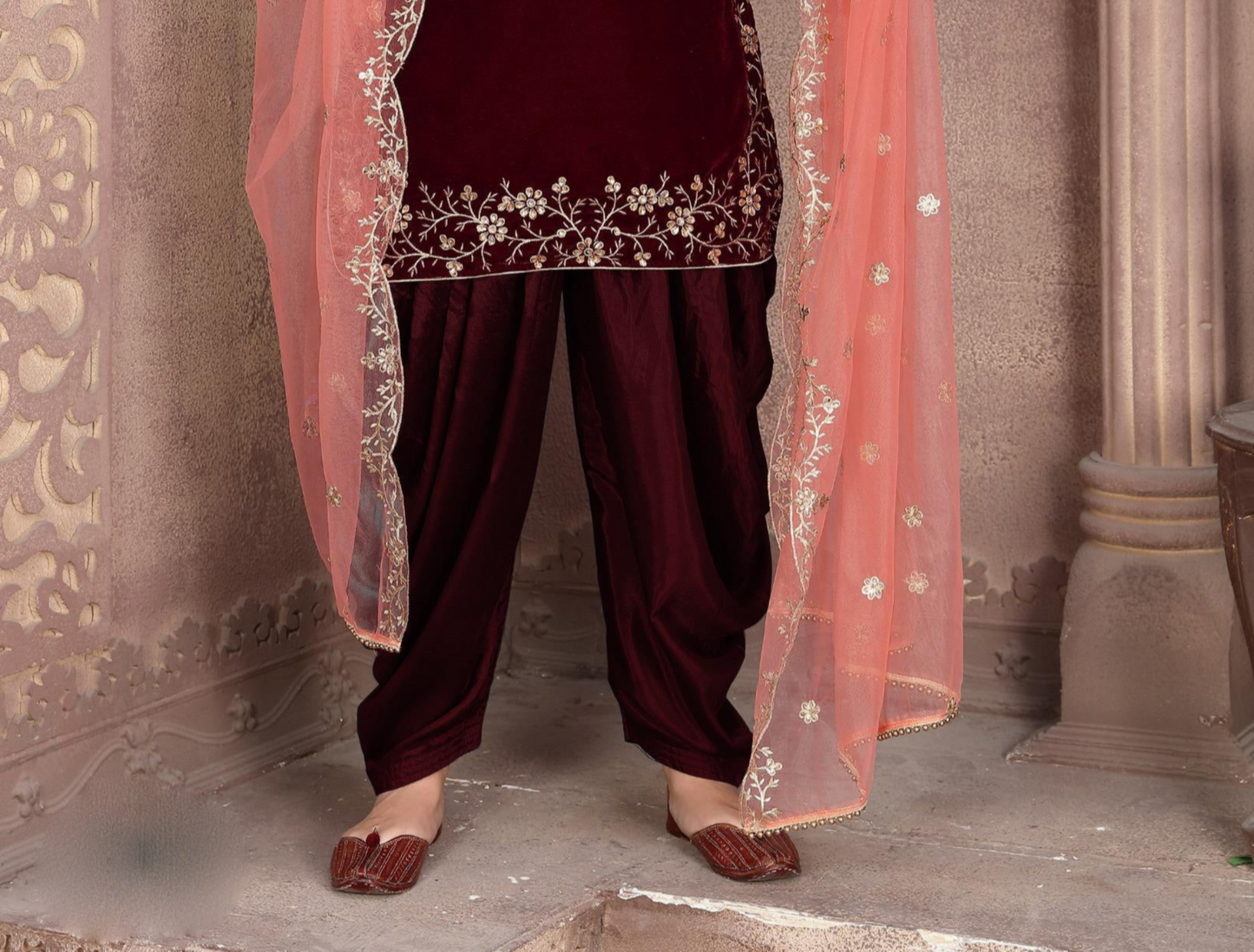 Embroidered Velvet Patiala With Contrast Dupatta