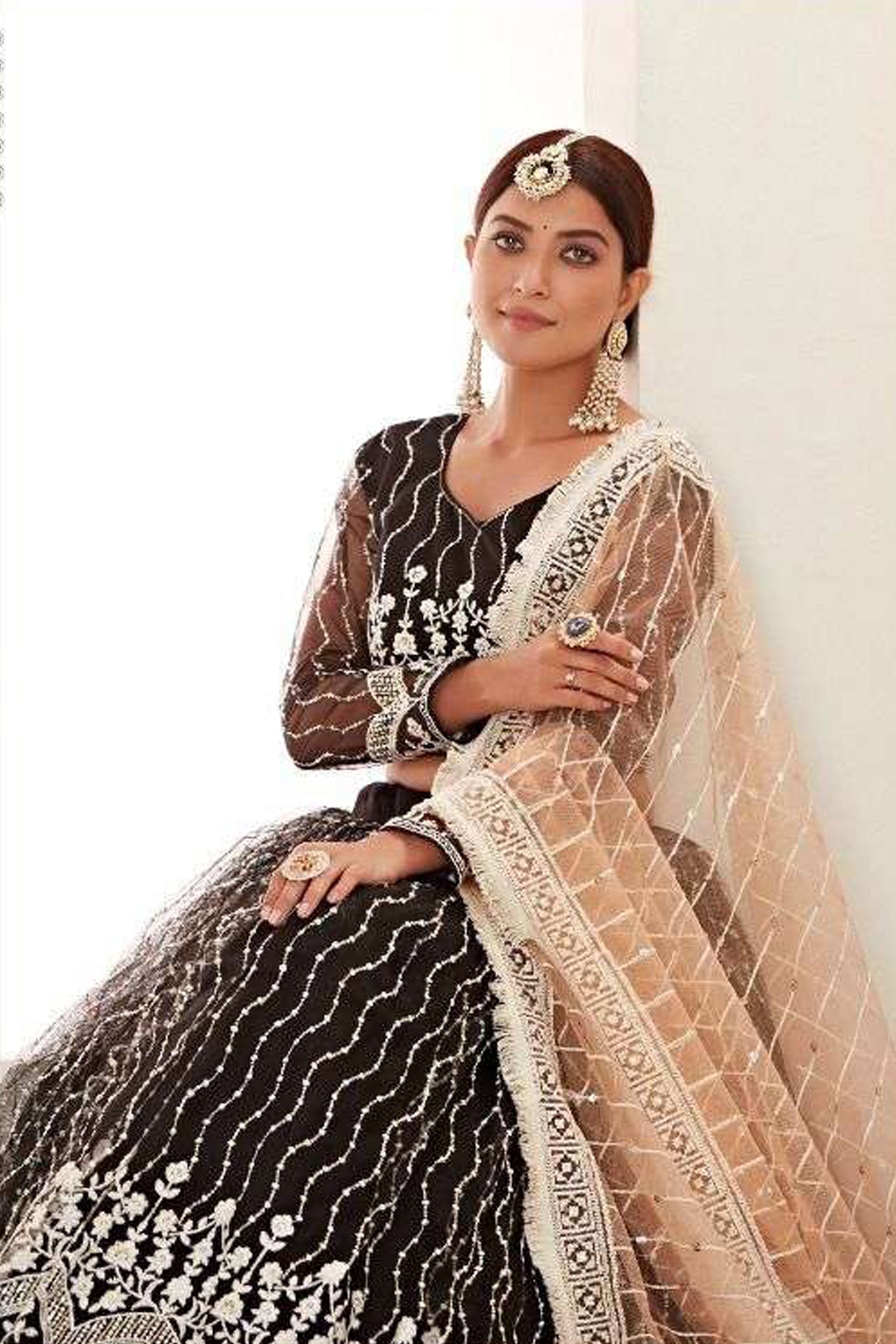 Traditional Pakistani Wedding Lehenga Choli Set In Black With Embroidered Dupatta - Ready To Wear