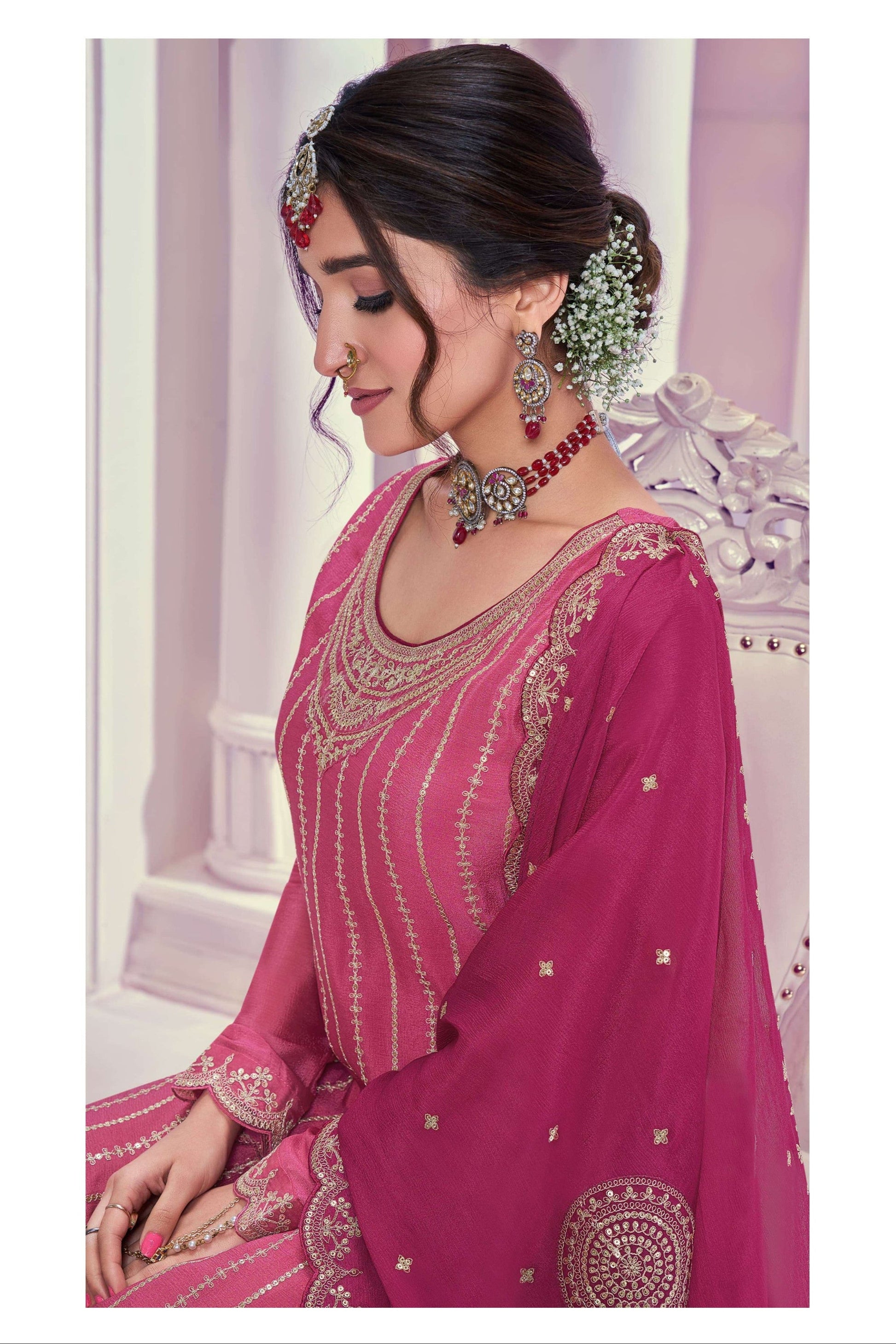 Pink Embroidered Palazzo Dress For Beautiful Dupatta