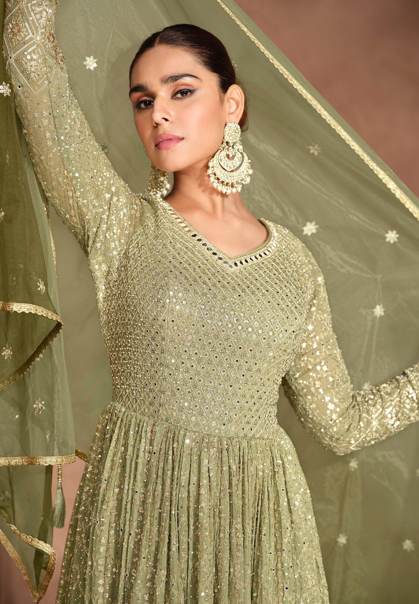 Green Anarkali Suit For Embroidered Worked With Gorgettle Dupatta Gown