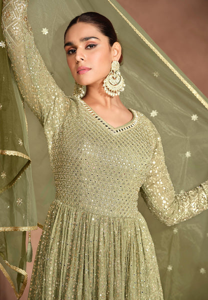 Green Anarkali Suit For Embroidered Worked With Gorgettle Dupatta Gown