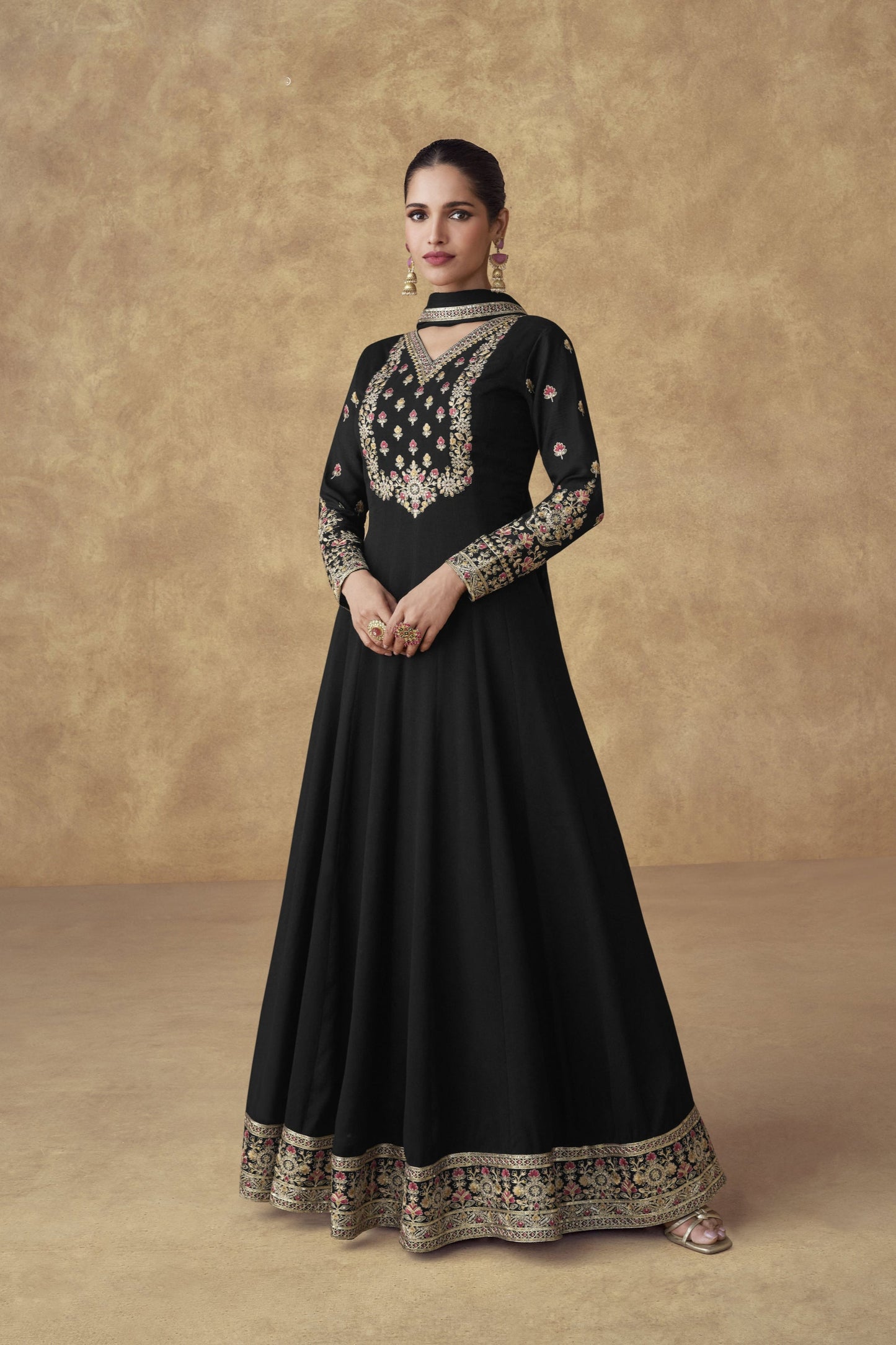 Black Anarkali Gown Embroidery with sequies Work Stitched Dupatta Dress