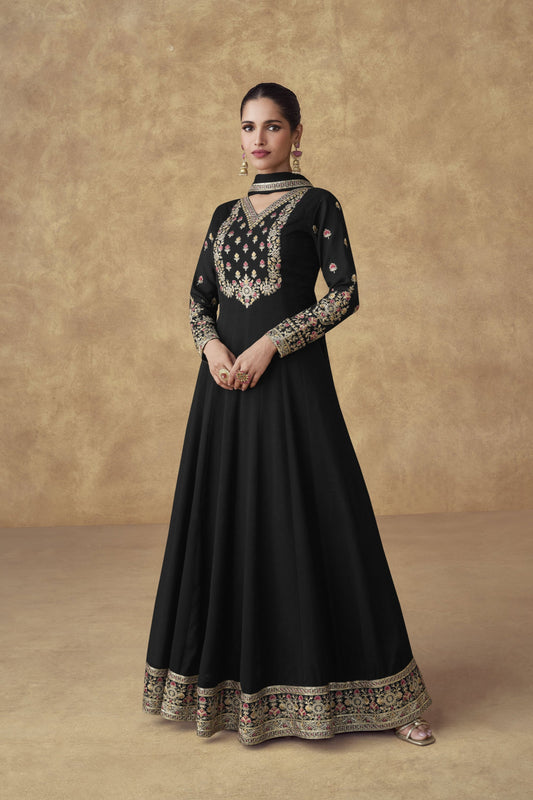 Black Anarkali Gown Embroidery with sequies Work Stitched Dupatta Dress