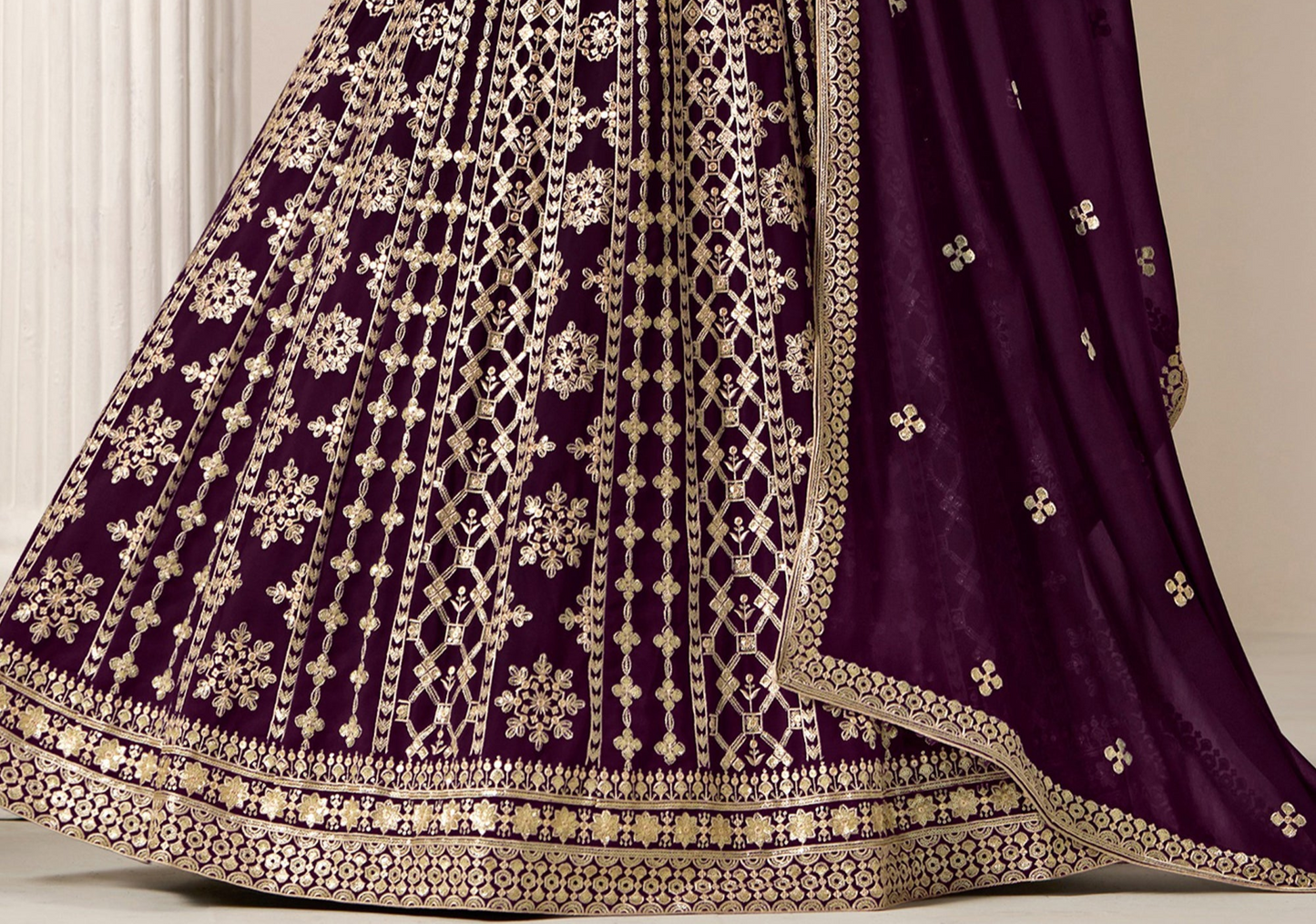 Wine Anarkali Gown With Dupatta For Indian Wedding Party Wear Suit