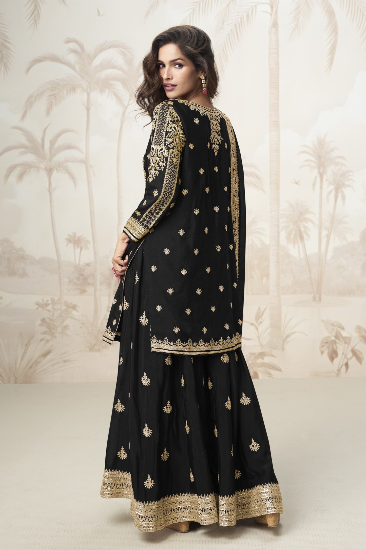Black Embroidered Designer Palazzo Suit