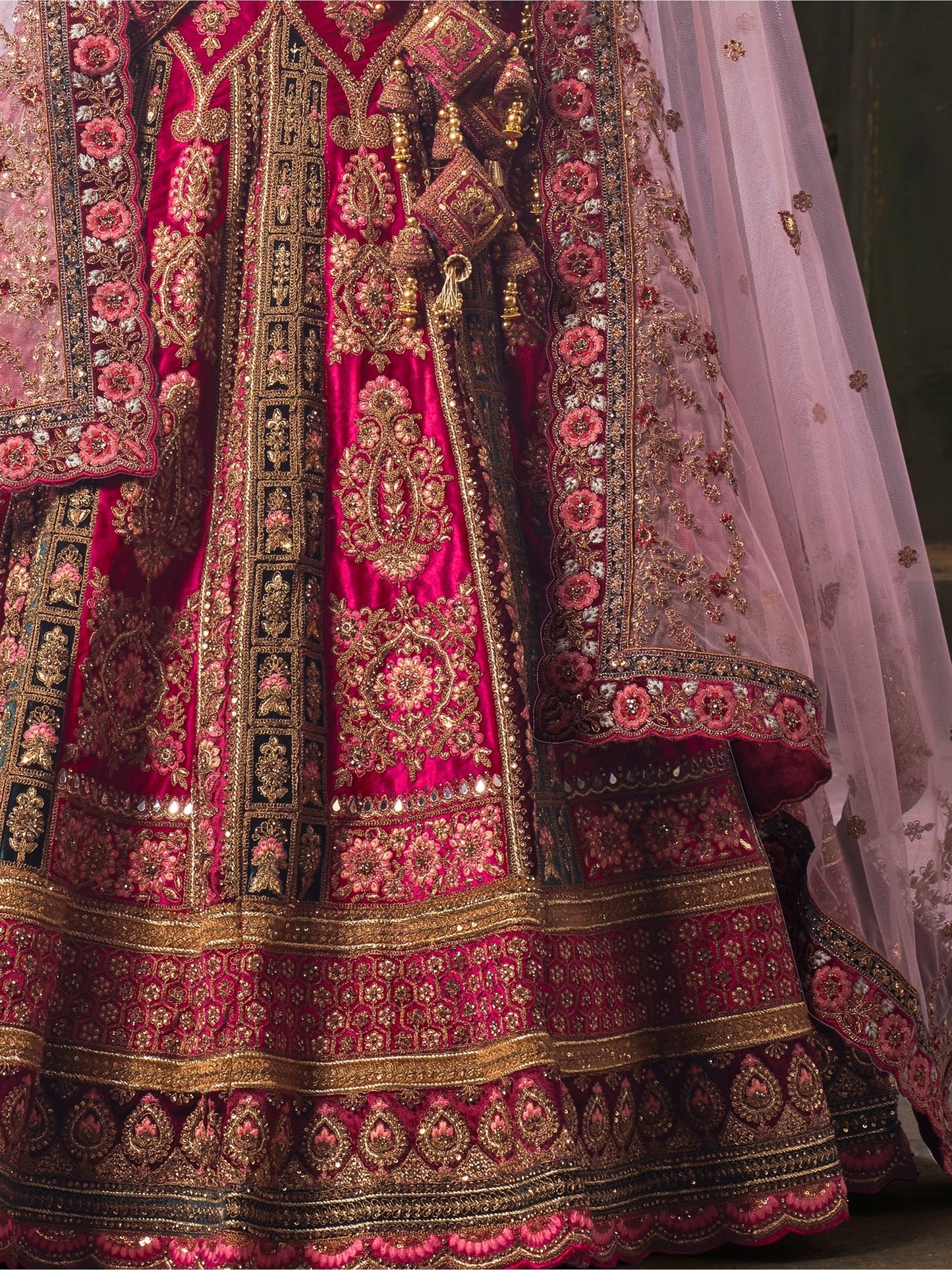 Experience bridal couture with lehengas that sparkle with intricate artistry.