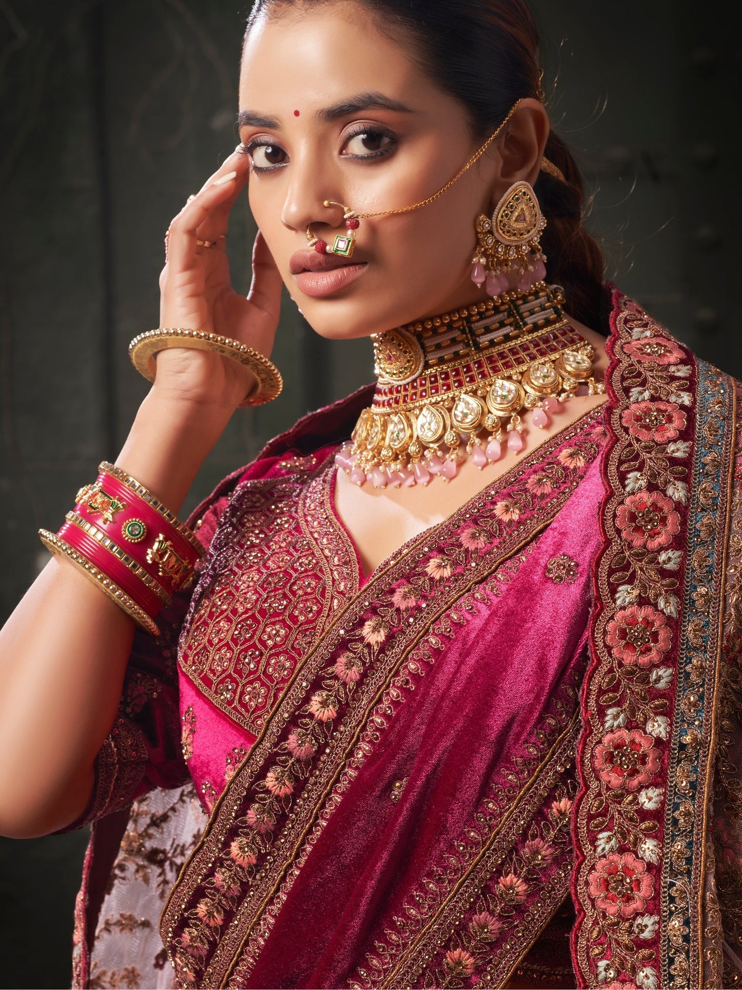 Experience bridal couture with lehengas that sparkle with intricate artistry.