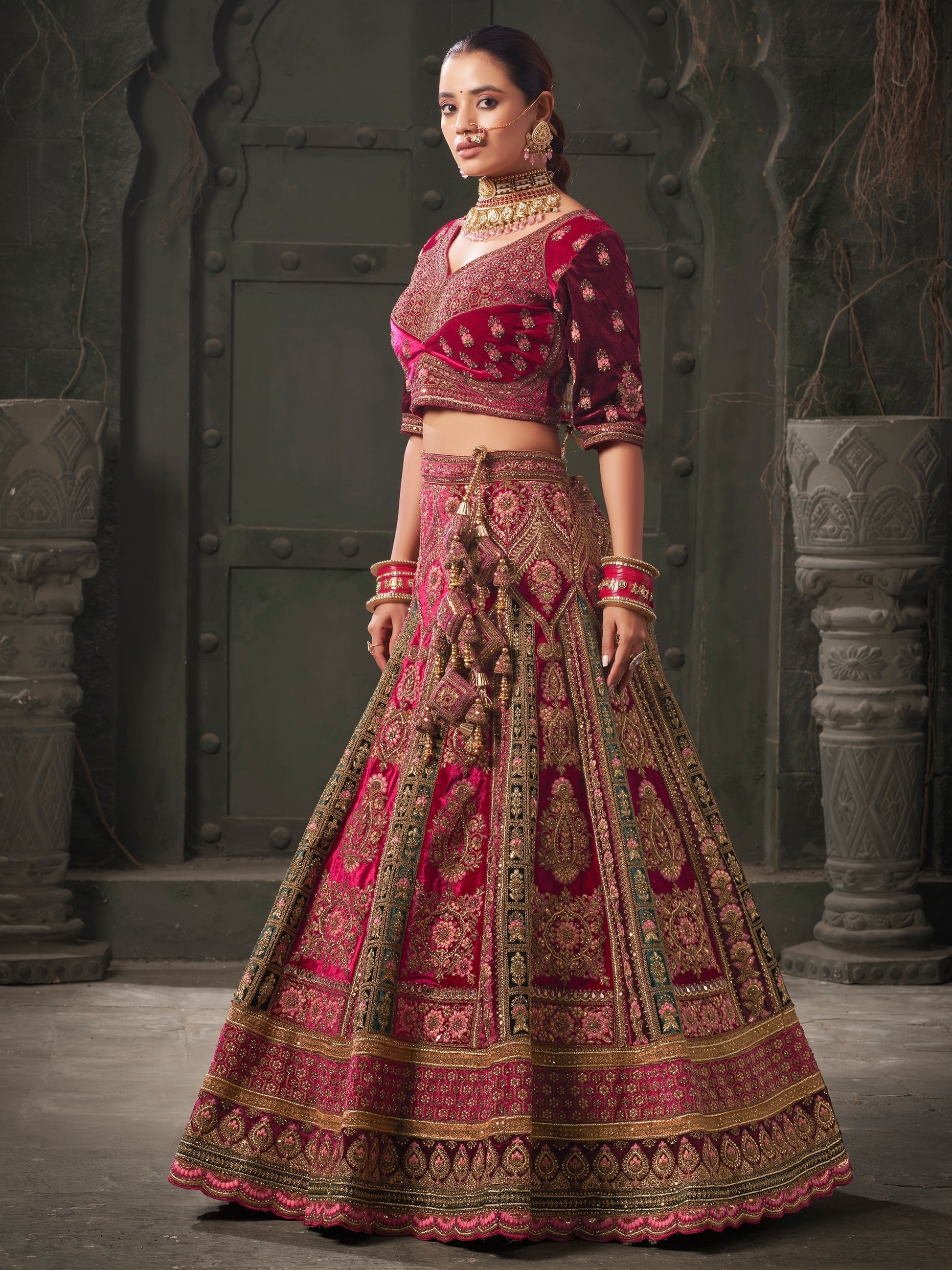Experience bridal couture with lehengas that sparkle with intricate artistry.
