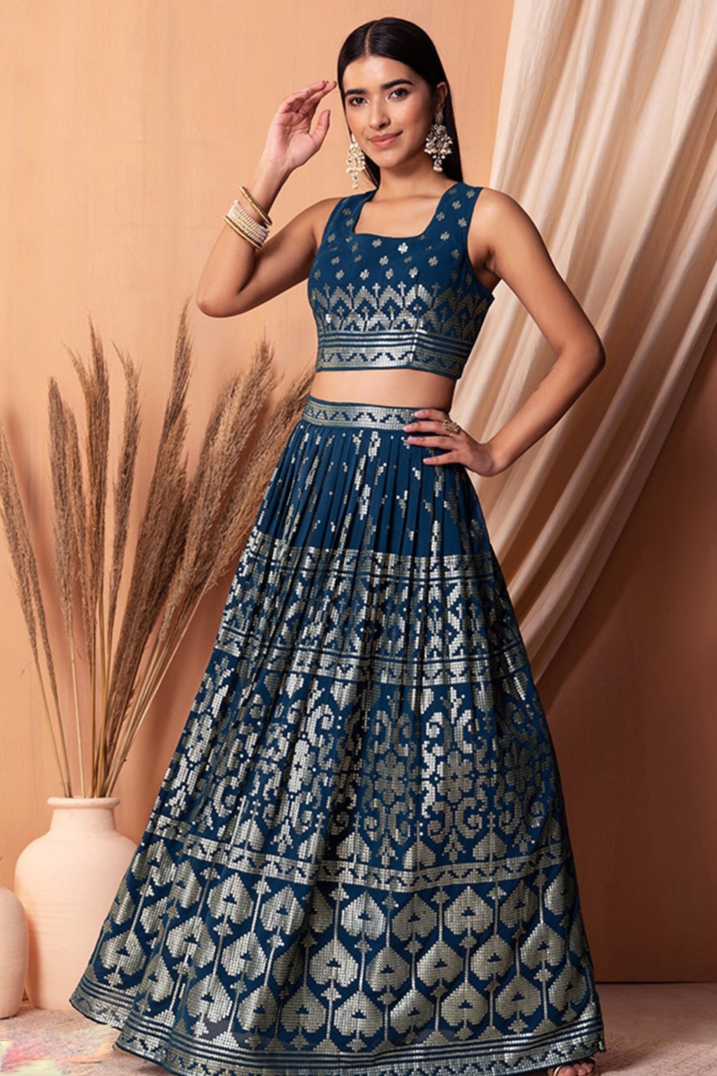 "Celebrate traditions in the USA with our lehengas." 