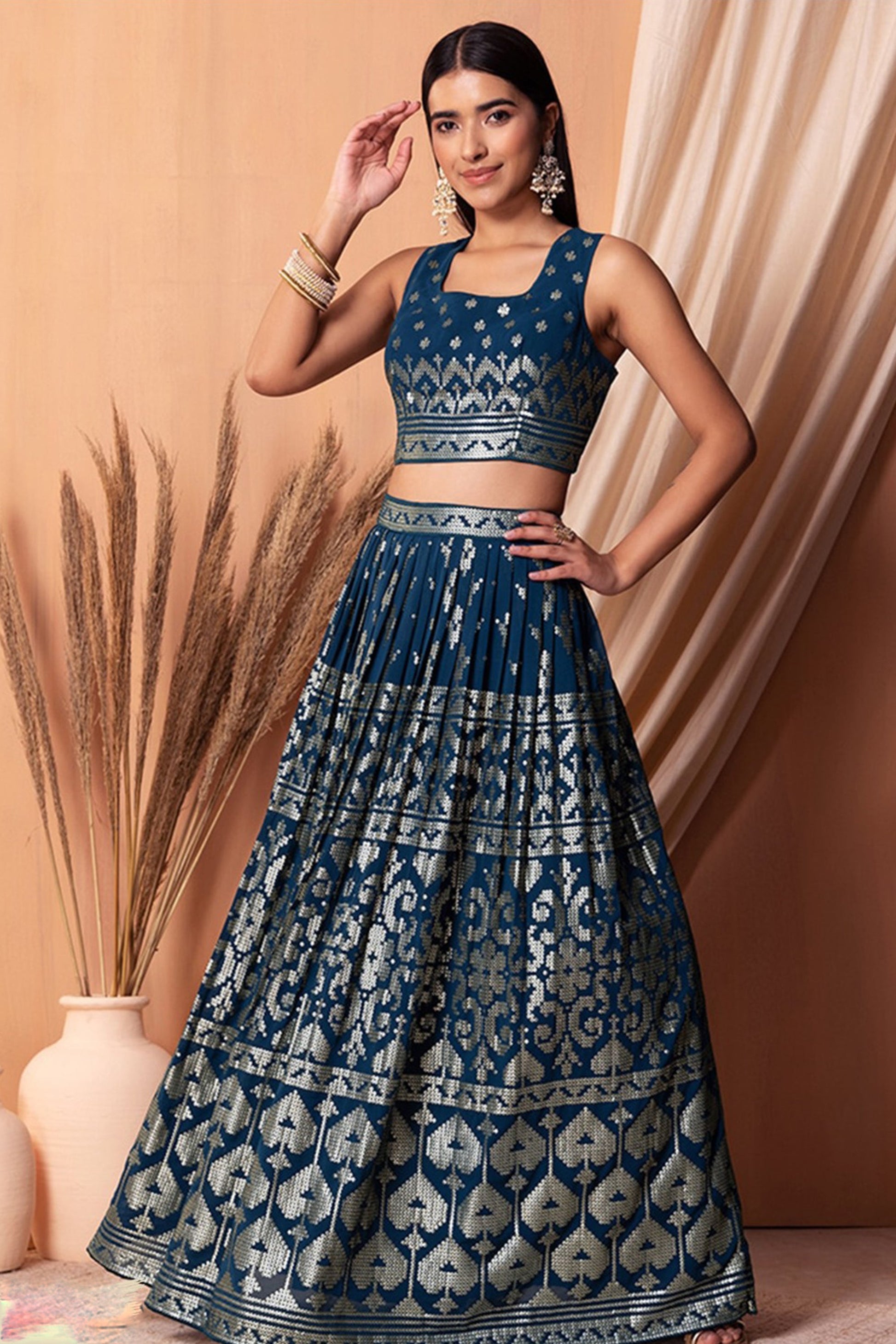 "Celebrate traditions in the USA with our lehengas." 