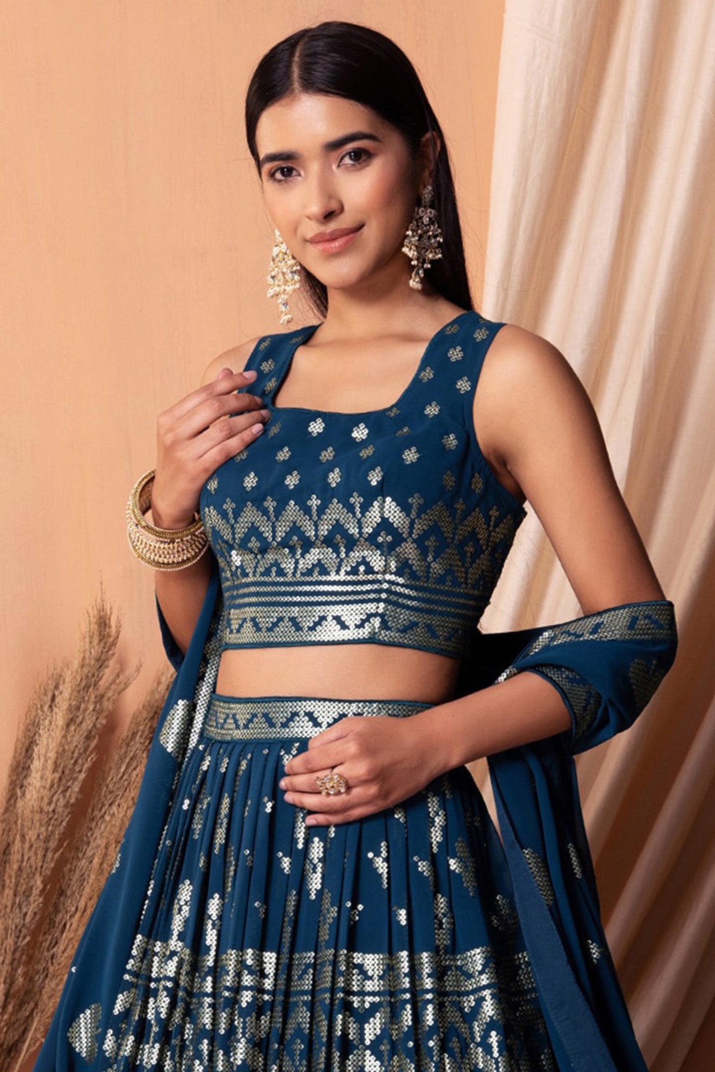 "Celebrate traditions in the USA with our lehengas." 