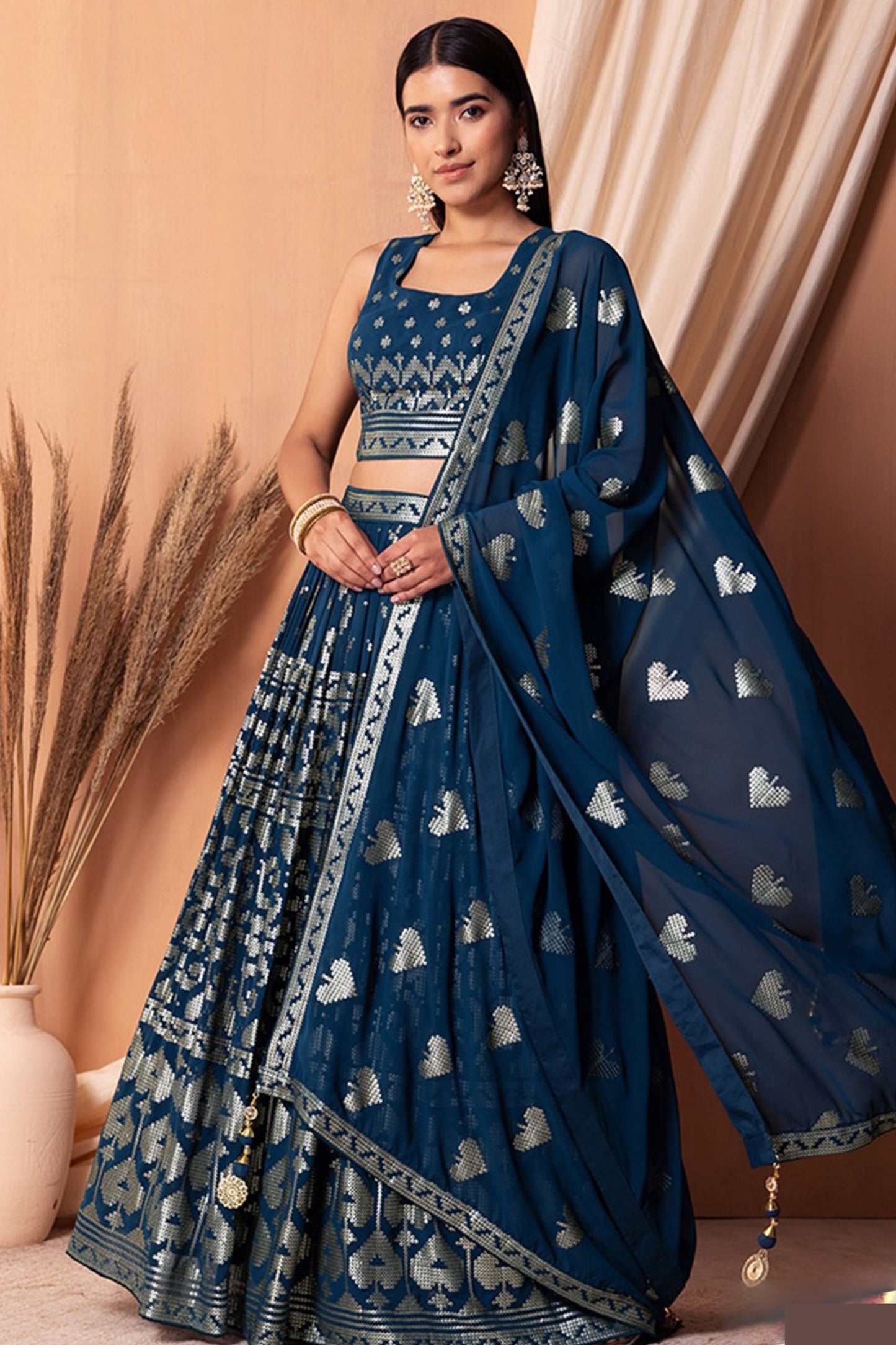"Celebrate traditions in the USA with our lehengas." 