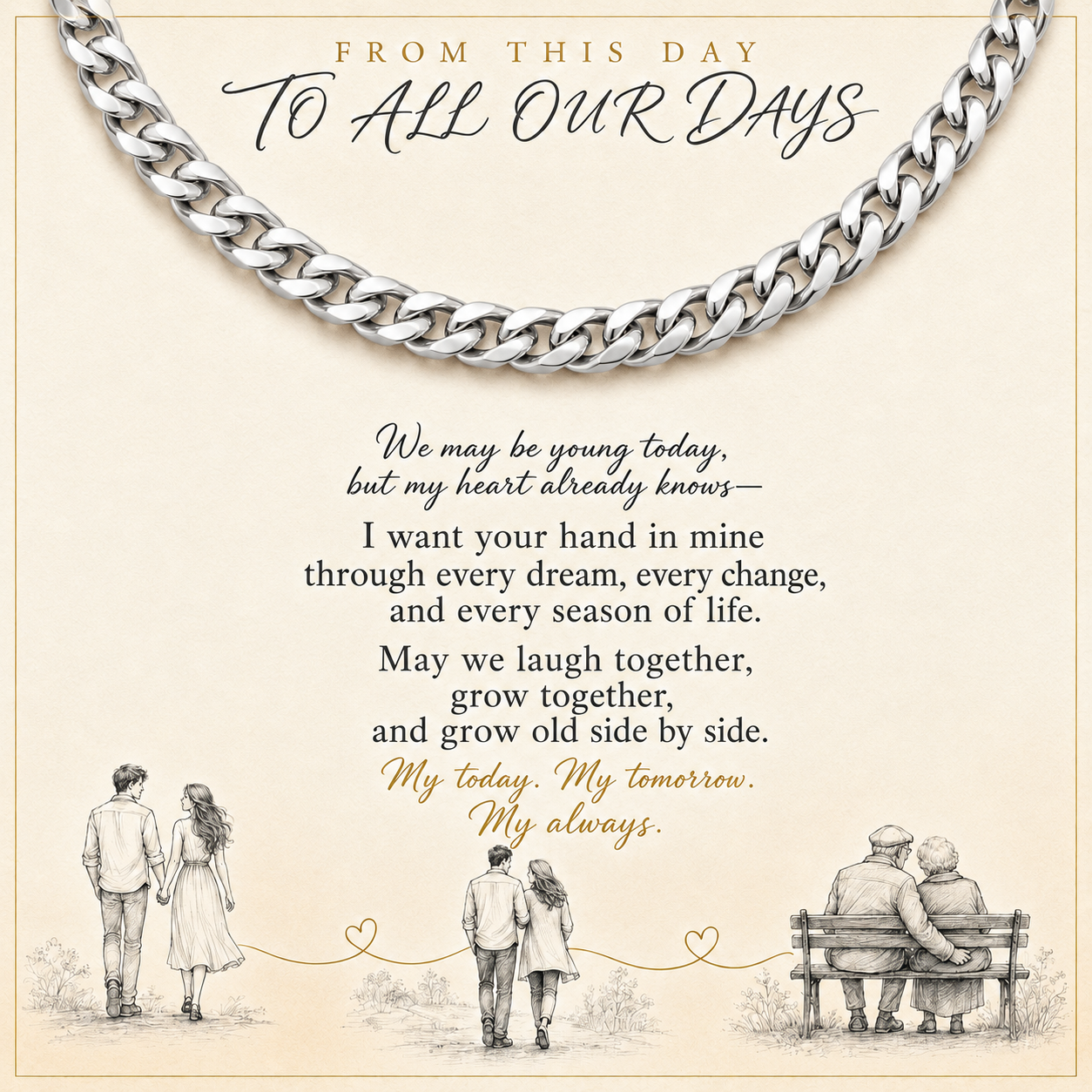 Silver curb chain necklace displayed on a beige card with sentimental text reading 'FROM THIS DAY TO ALL OUR DAYS' and small sketch illustrations of couples at the bottom.