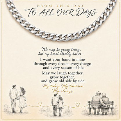 Silver curb chain necklace displayed on a beige card with sentimental text reading 'FROM THIS DAY TO ALL OUR DAYS' and small sketch illustrations of couples at the bottom.