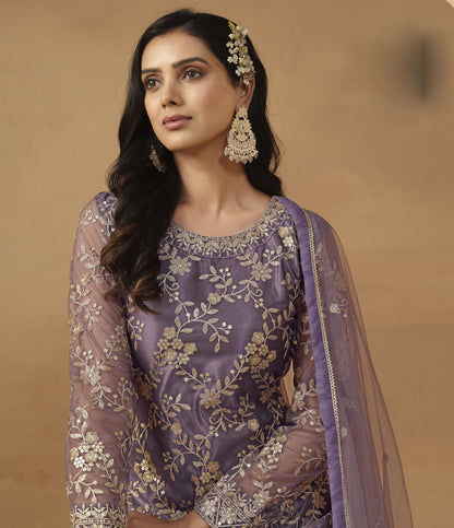 Levender sharara suits by Seyuri in net fabric
