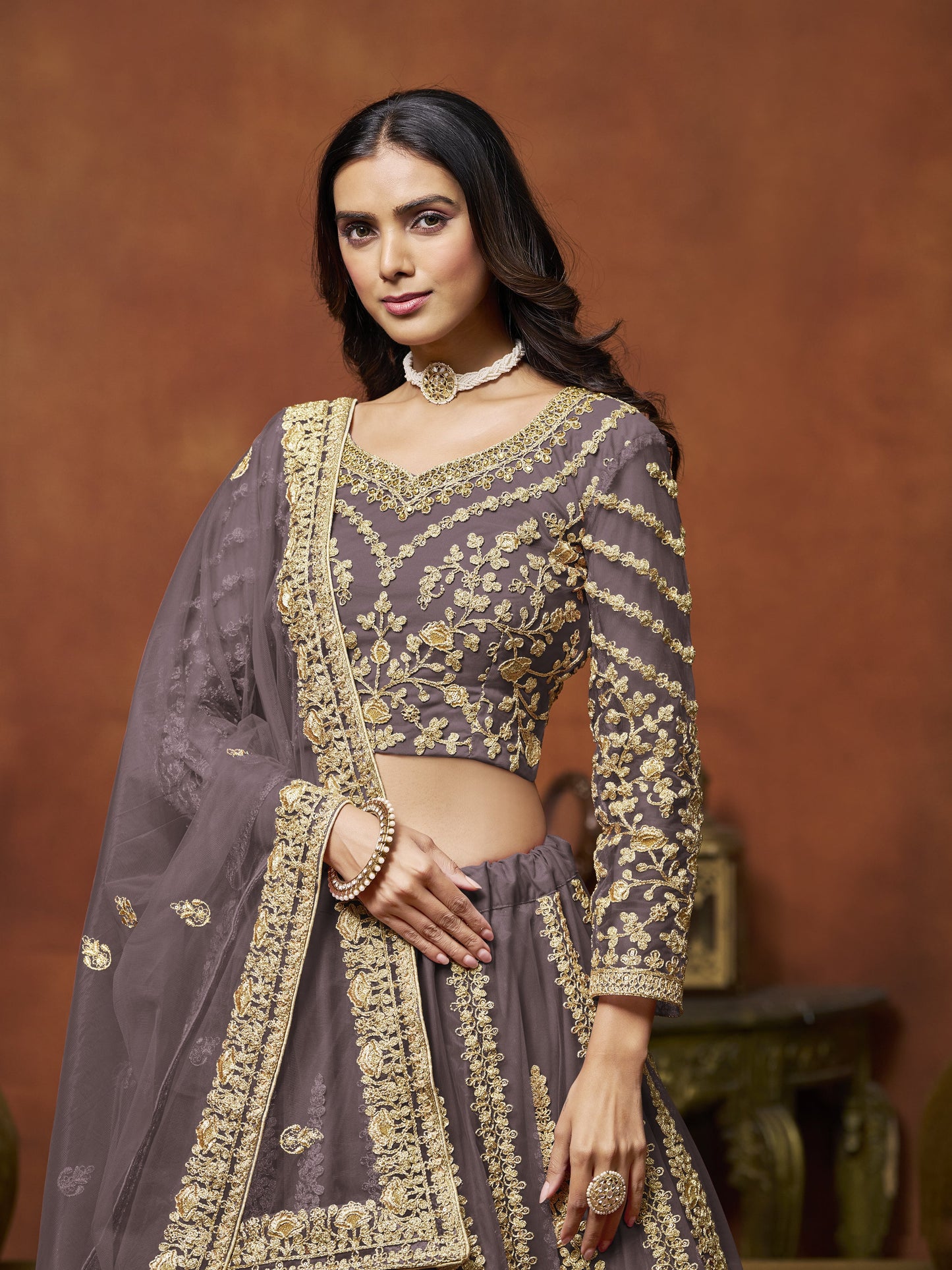 Purple Lehenga for Karva Chauth â€“ Royal and rich, for a special evening look. 