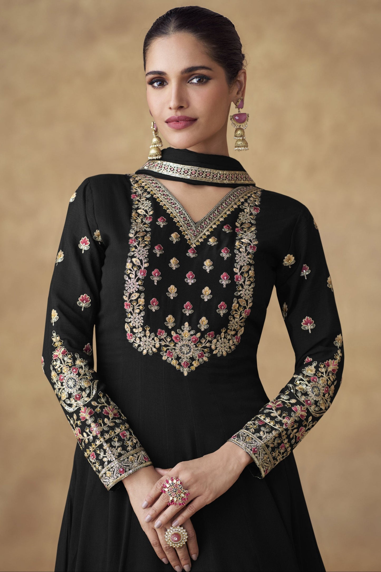 Black Anarkali Gown Embroidery with sequies Work Stitched Dupatta Dress