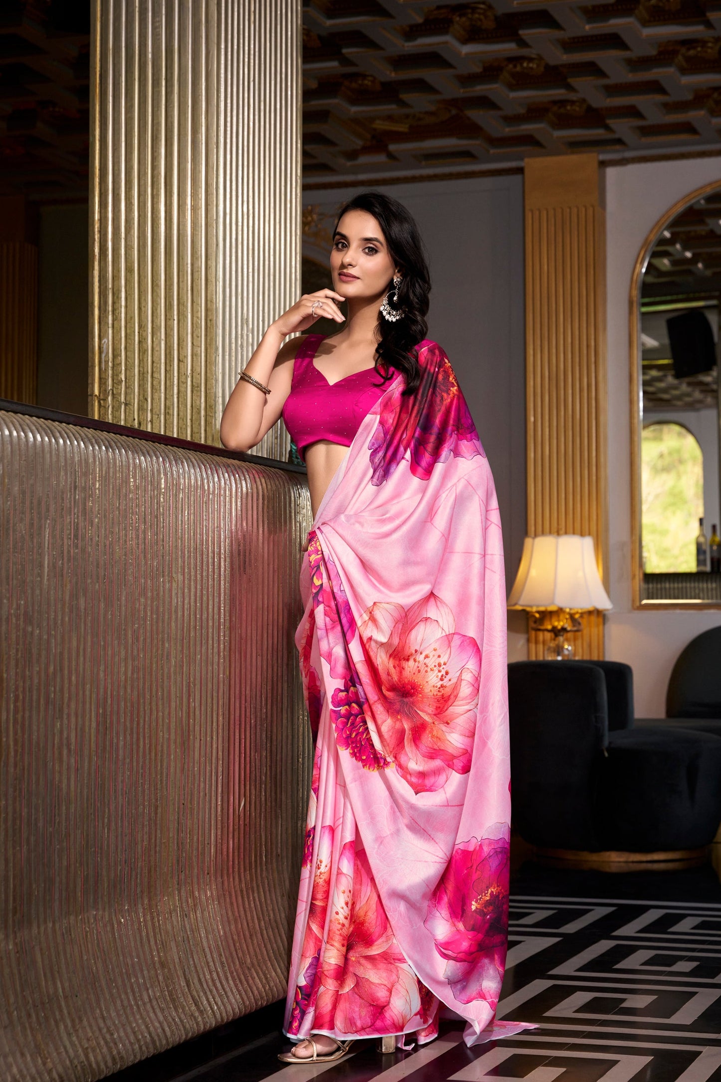Pink Saree reflects softness and charm – perfect for graceful day functions. 