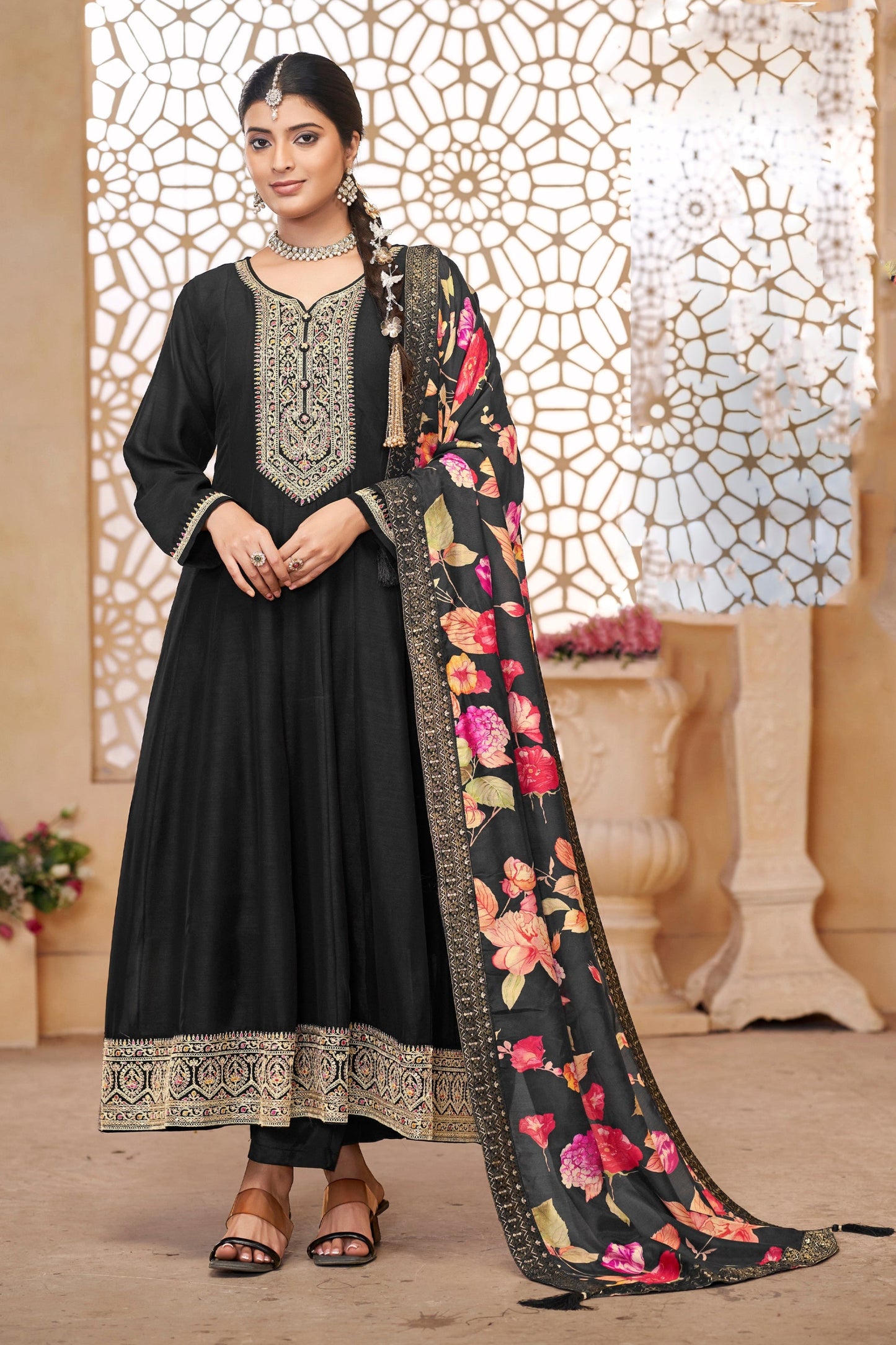 Black Anarkali Dress Eid Party Wear Embroidery Worked Dupatta Suit
