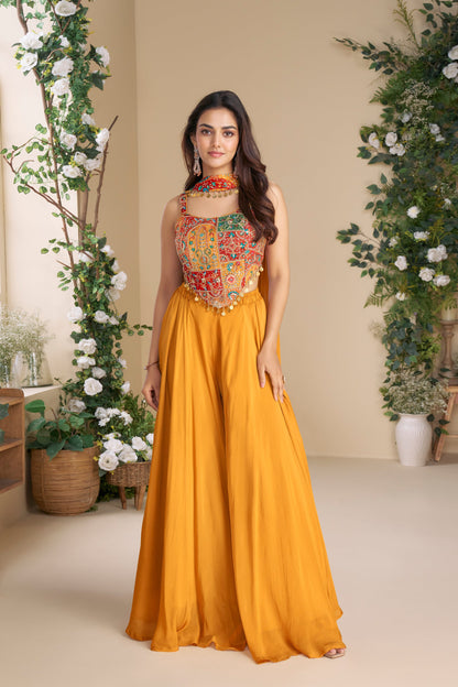 Haldi Palazzo Suit Chinon Silk Embroidered Dupatta Set 