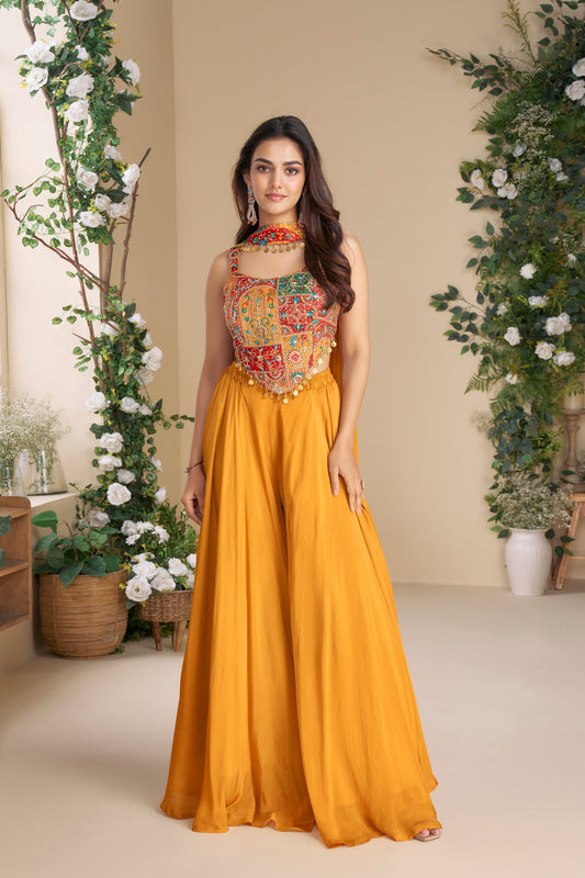 Haldi Palazzo Suit Chinon Silk Embroidered Dupatta Set 