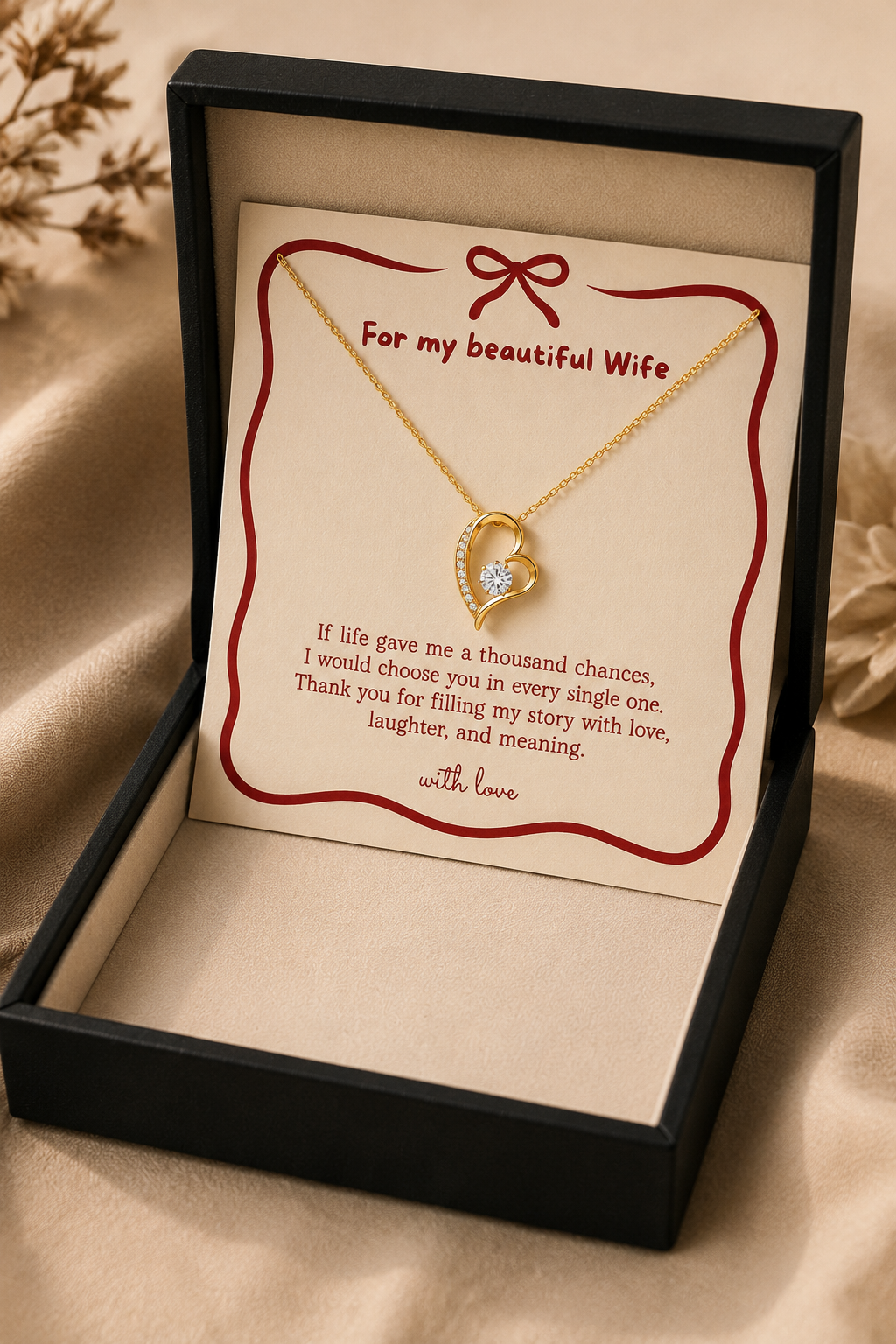 Romantic wife necklace displayed inside premium wooden gift box