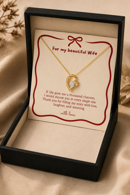 Romantic wife necklace displayed inside premium wooden gift box