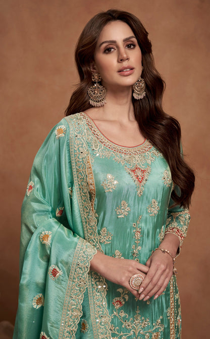 Sky Blue Embroidered Design Traditional Look palazzo Suit 