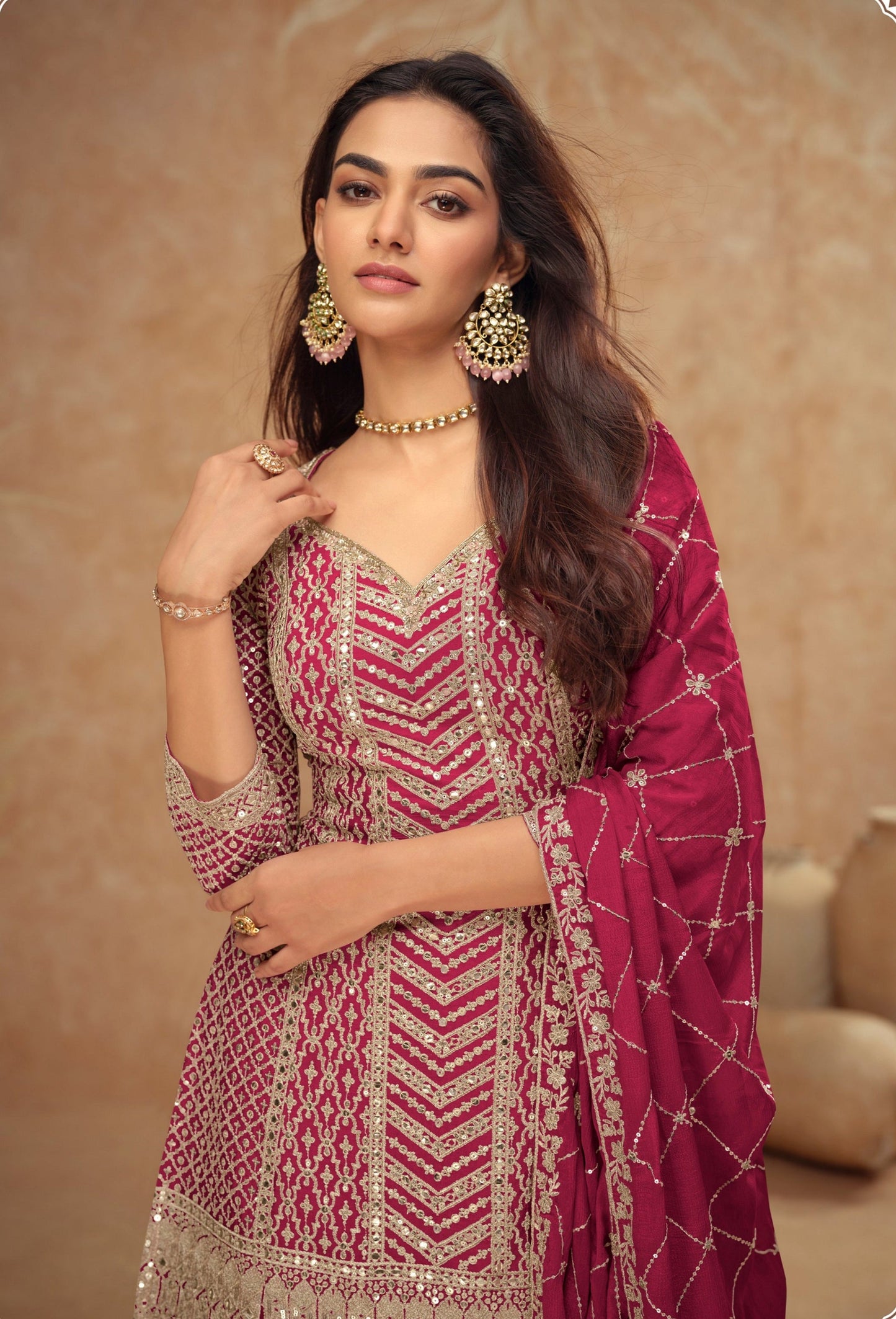 Pink Heavy Designer Western Palazzo Suit For Wedding Event Party