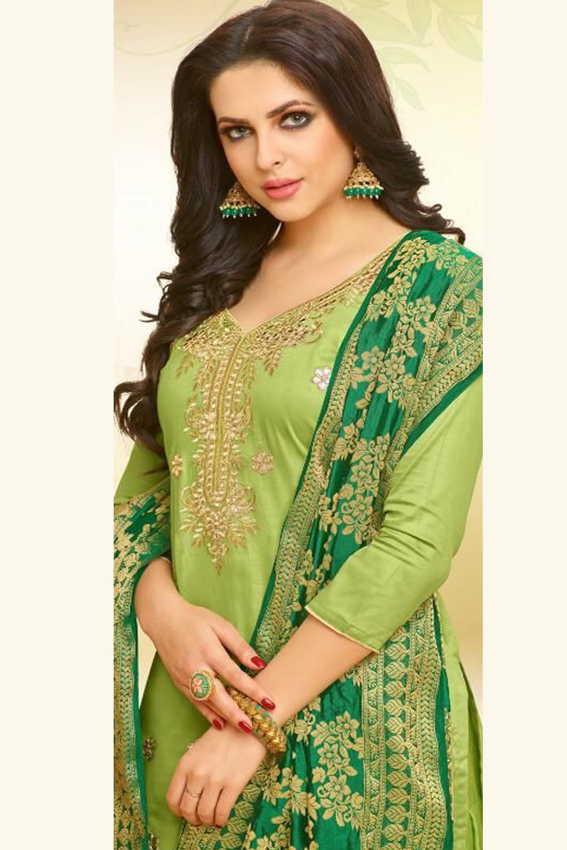 Green patiala suit detailed gota craftsmanship close up