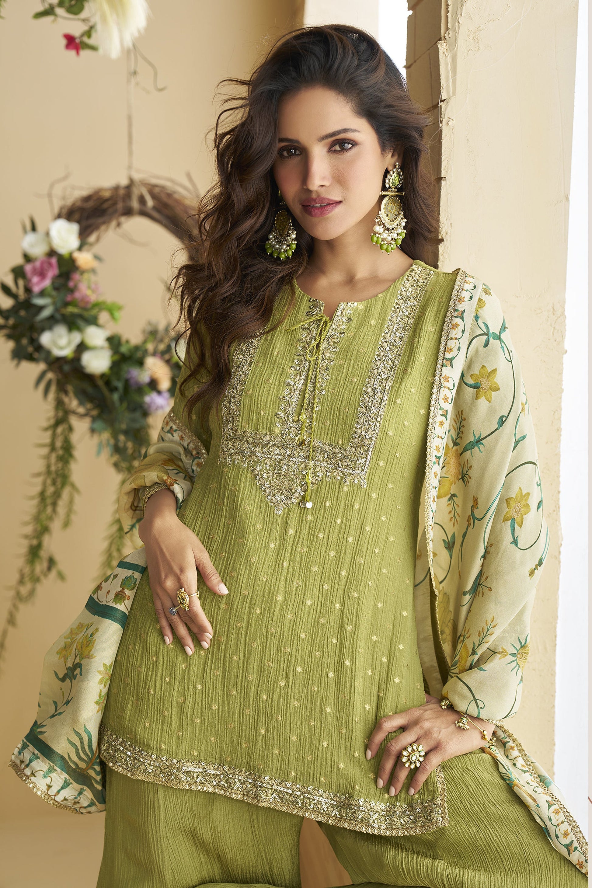 Light Green Embroidered Palazzo Suit For Printed Dupatta