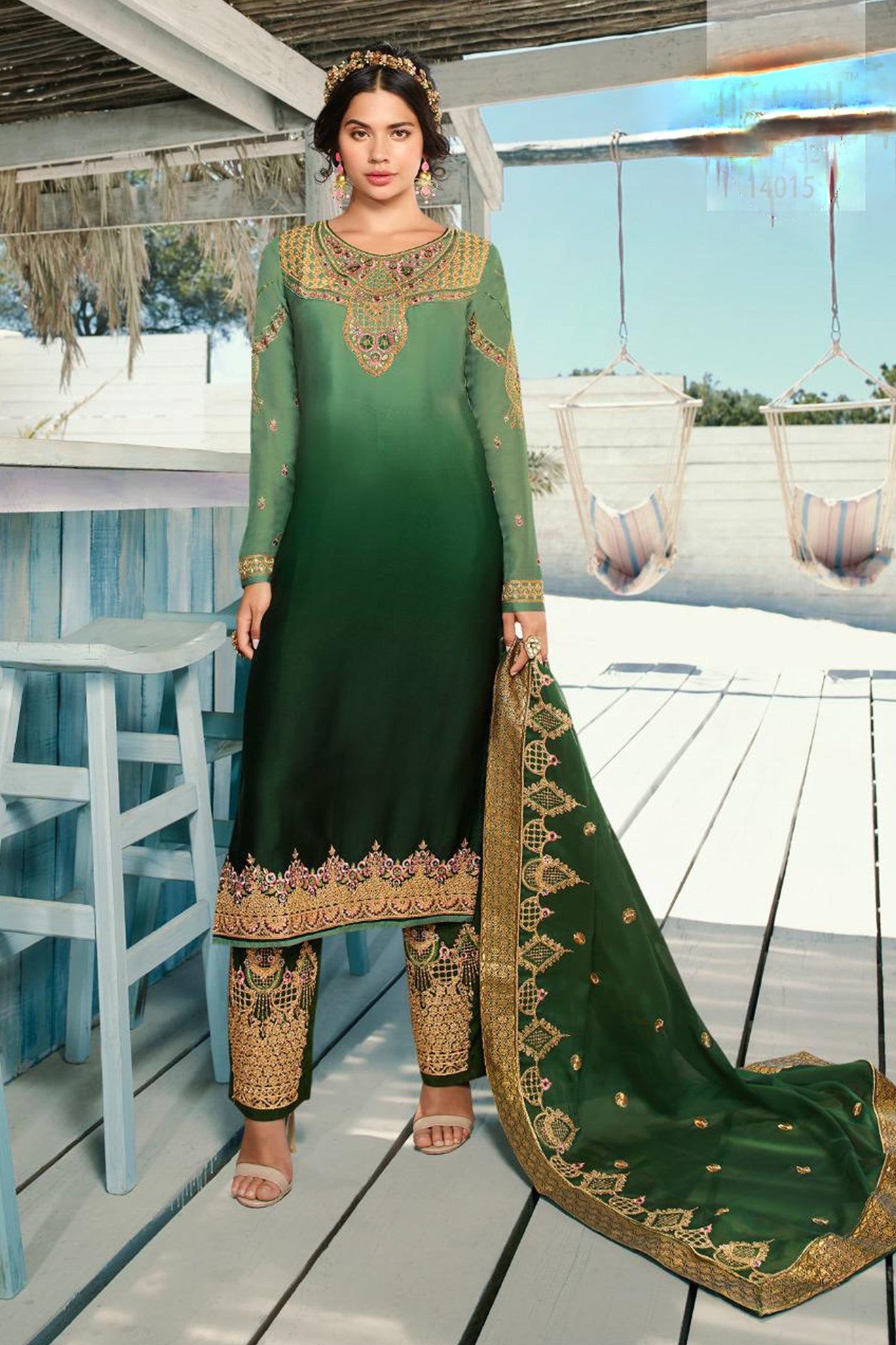 Green Embroidery Ready-To-Wear Contemporary Designer Salwar Kameez Suits