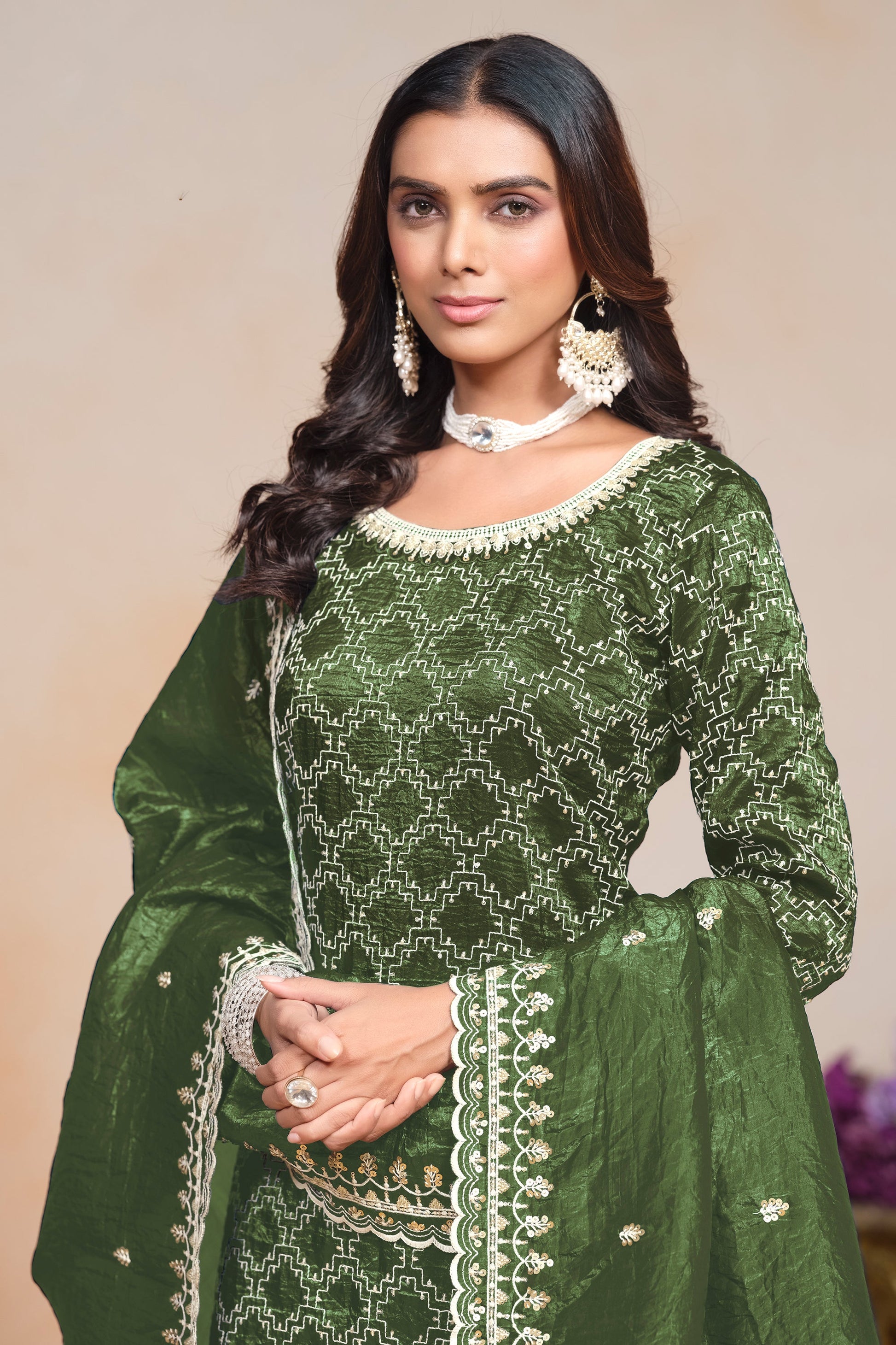 Women Stitched Green Design Palazzo Suit 