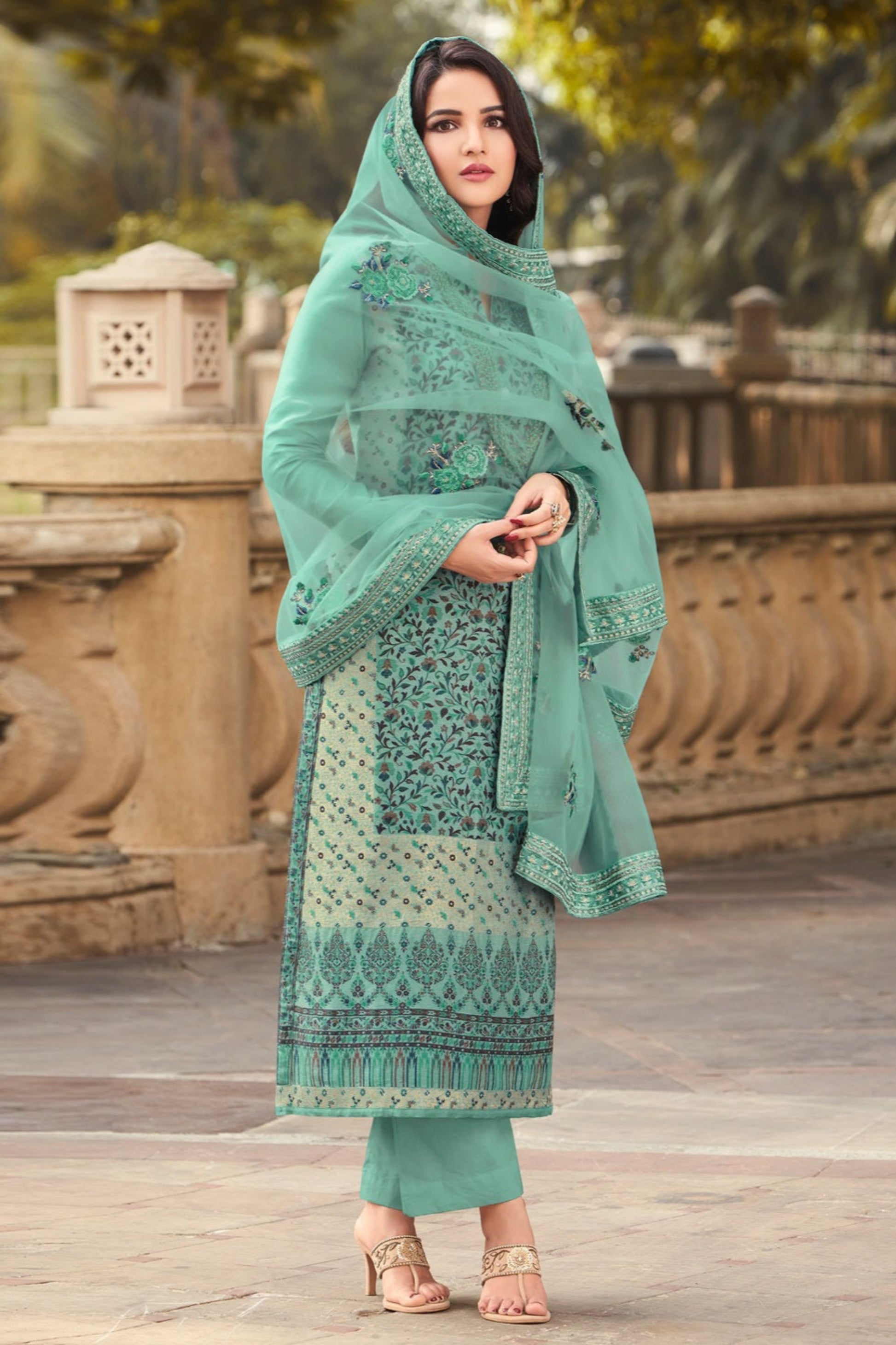 party wear salwar kameez full front view green embroidery