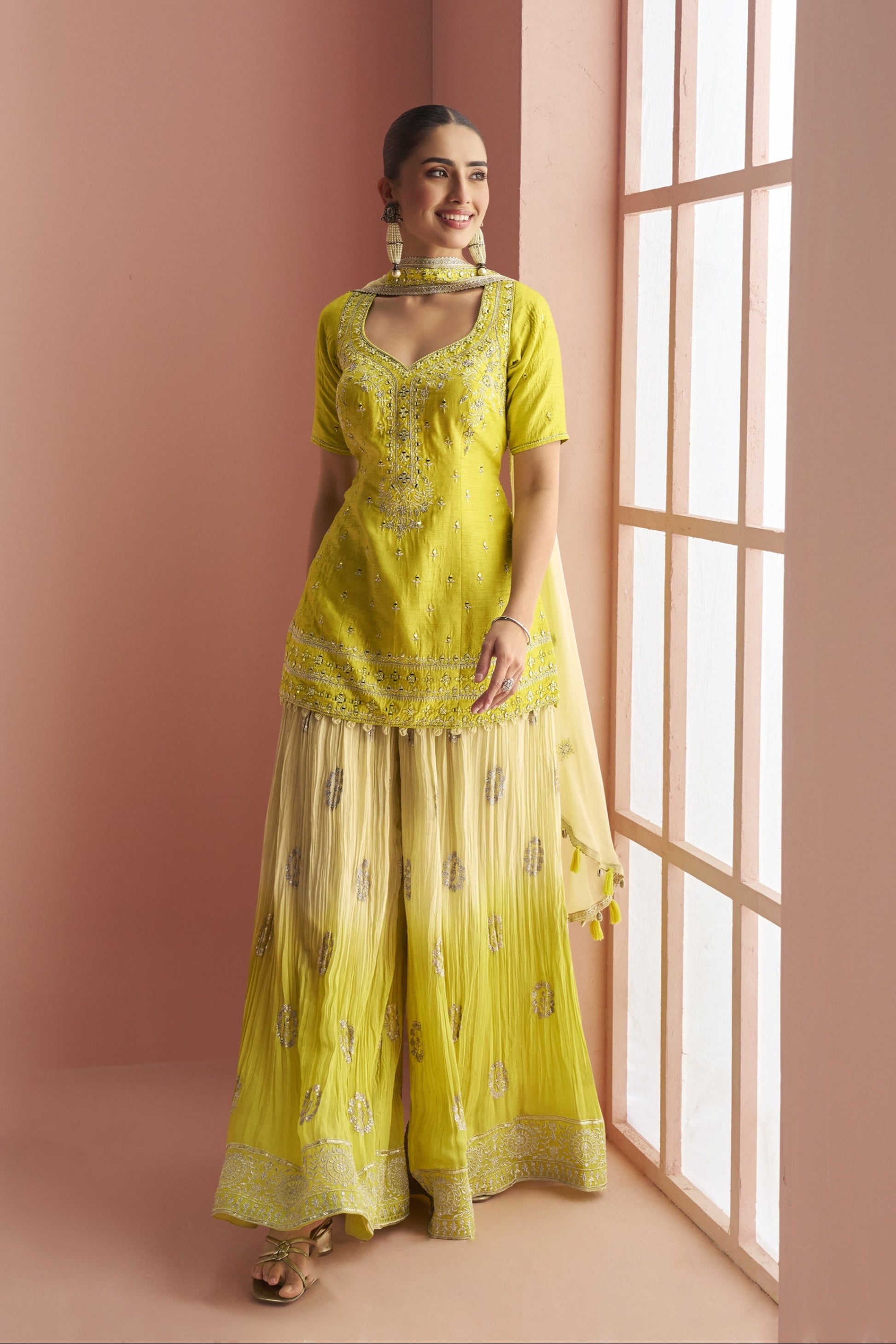 Traditional Wear Light Yellow color plazzo with Embroidered Work Dupatta