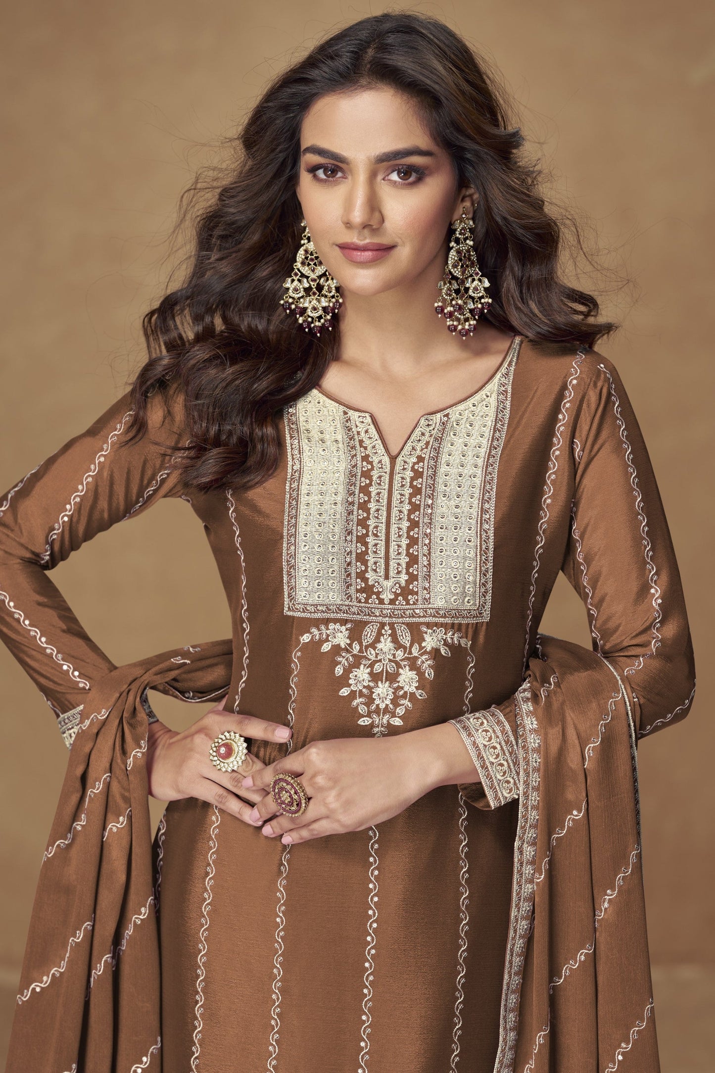 Brown Designer Ready To wear Palazzo Suit 