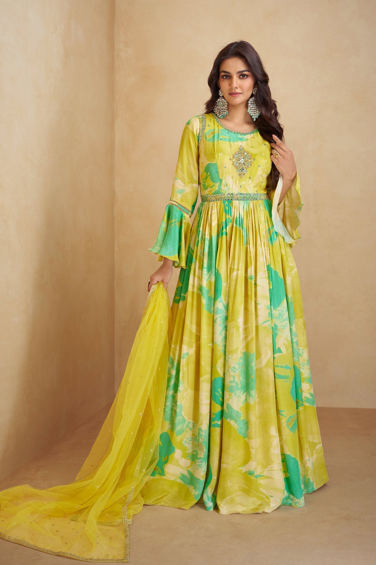 Yellow Anarkali Suit Chinon Silk Short Flower Printed With Net Dupatta Gown