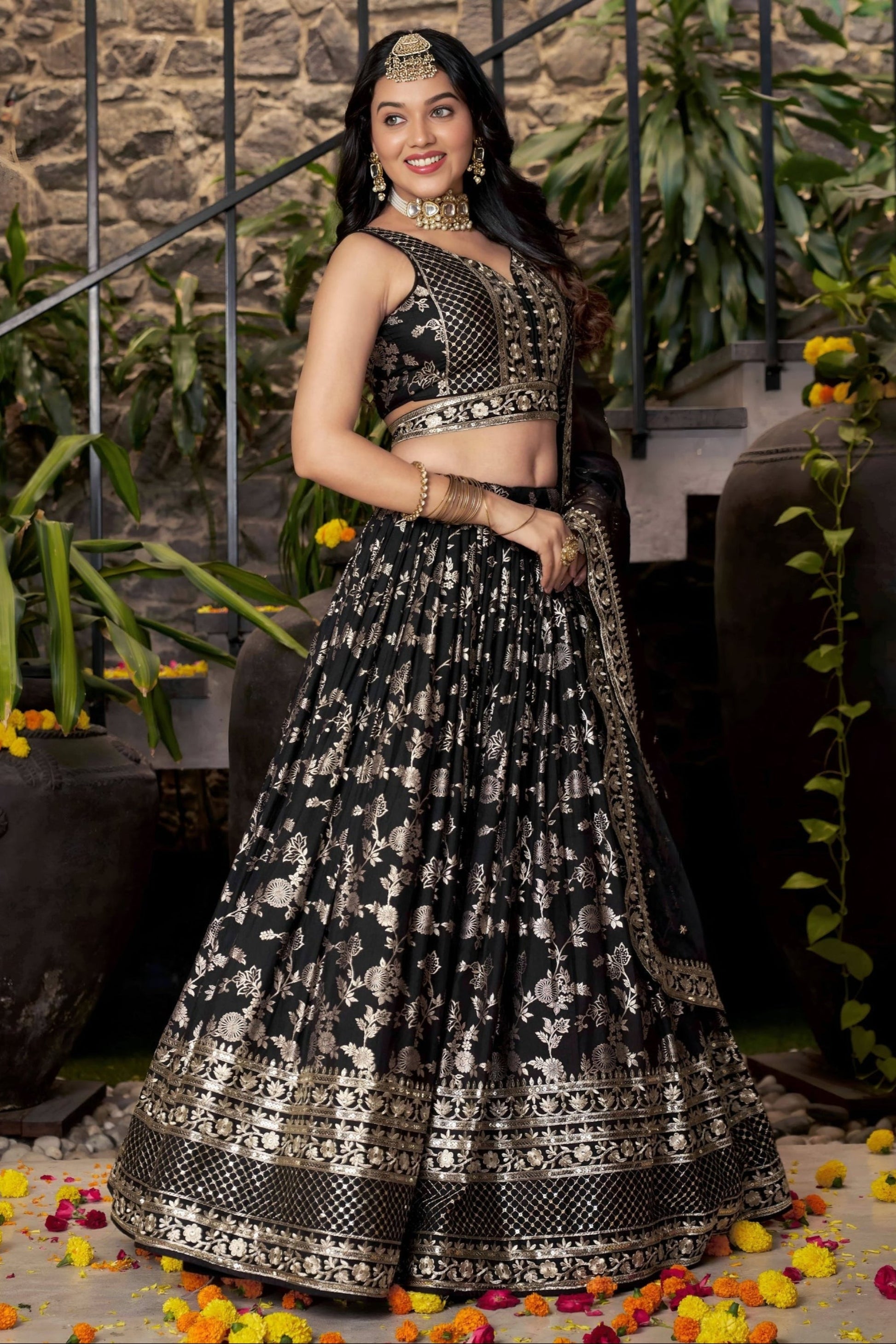 Black Embroidered Women Lehenga Choli with Dupatta for Engagement 
