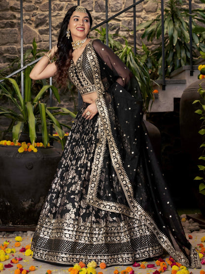 Black Embroidered Women Lehenga Choli with Dupatta for Engagement 