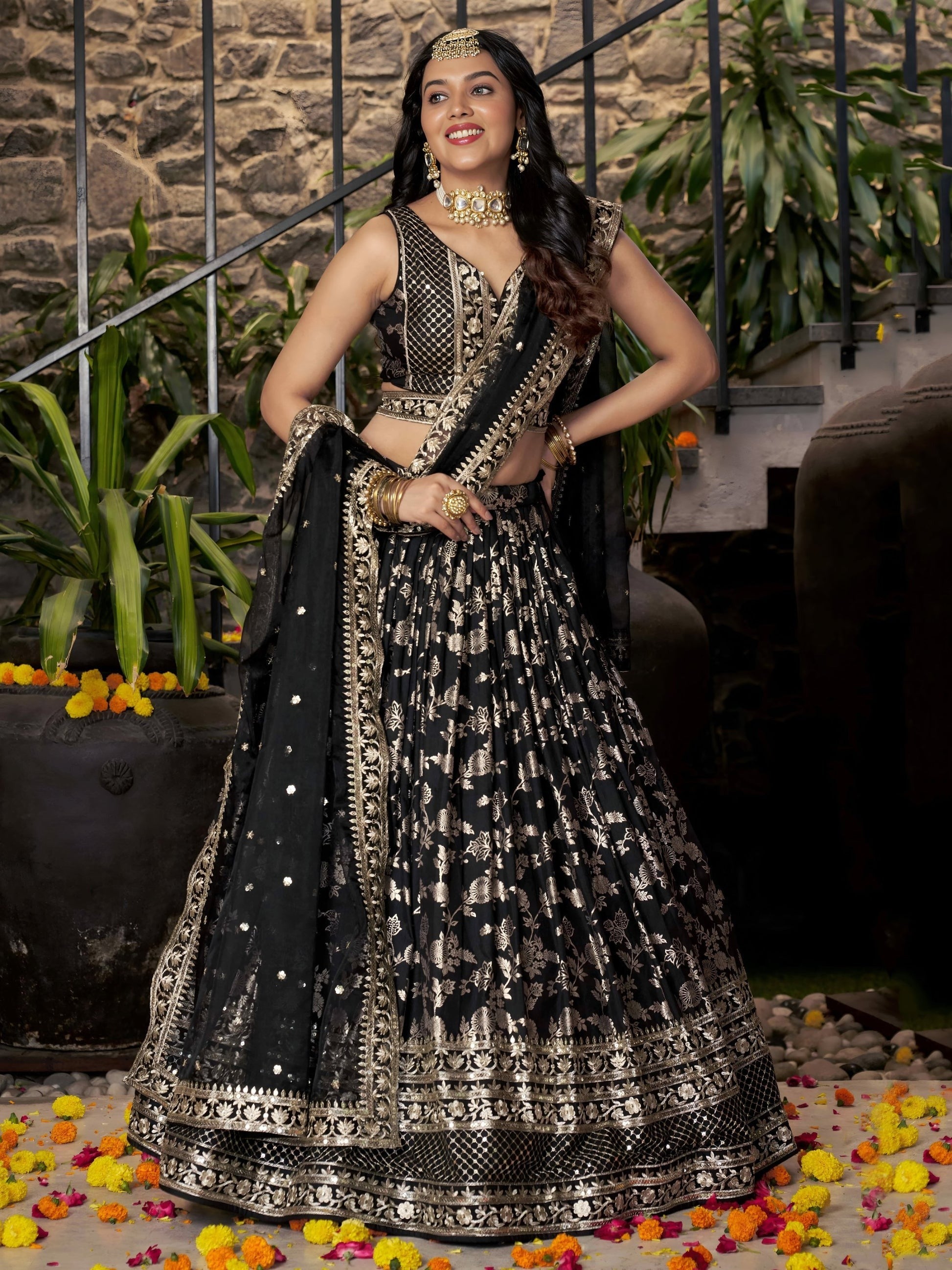 Black Embroidered Women Lehenga Choli with Dupatta for Engagement 
