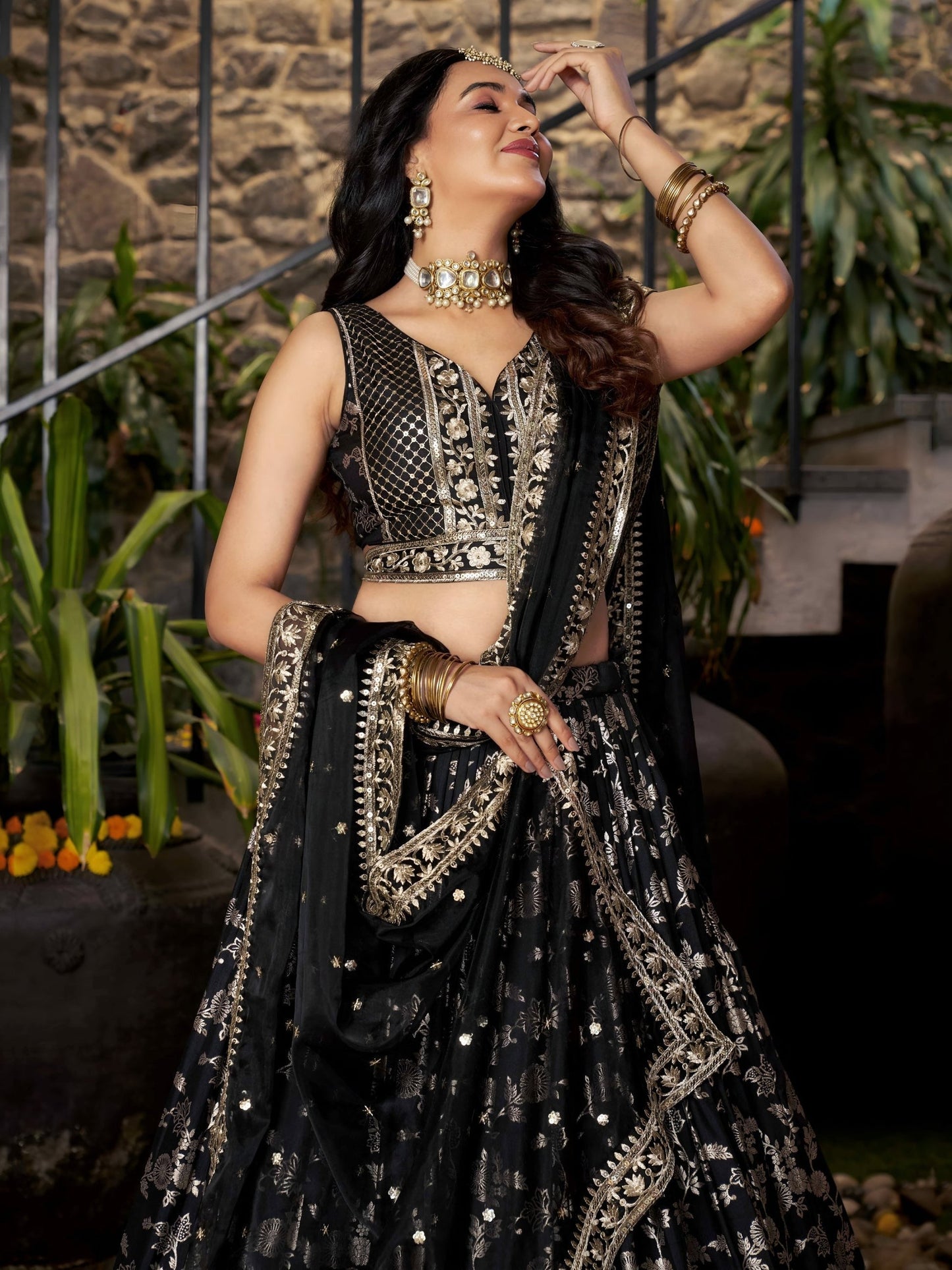 Black Embroidered Women Lehenga Choli with Dupatta for Engagement 