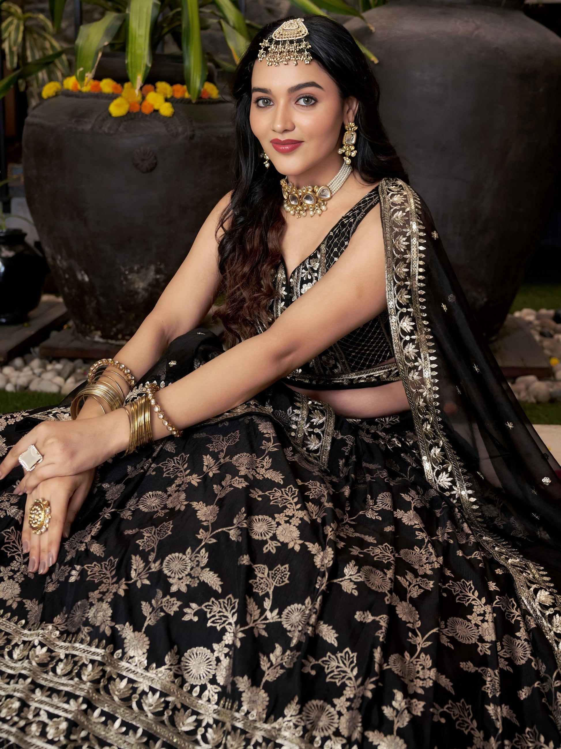 Black Embroidered Women Lehenga Choli with Dupatta for Engagement 